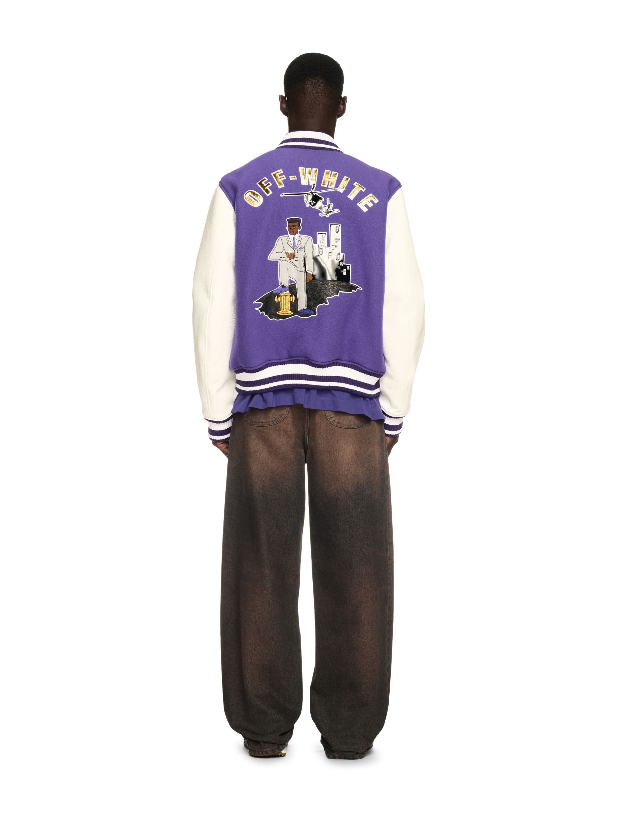 OFF WHITE Time Leather/Wool Varsity Jacket PURPLE OMJA122S25LEA001