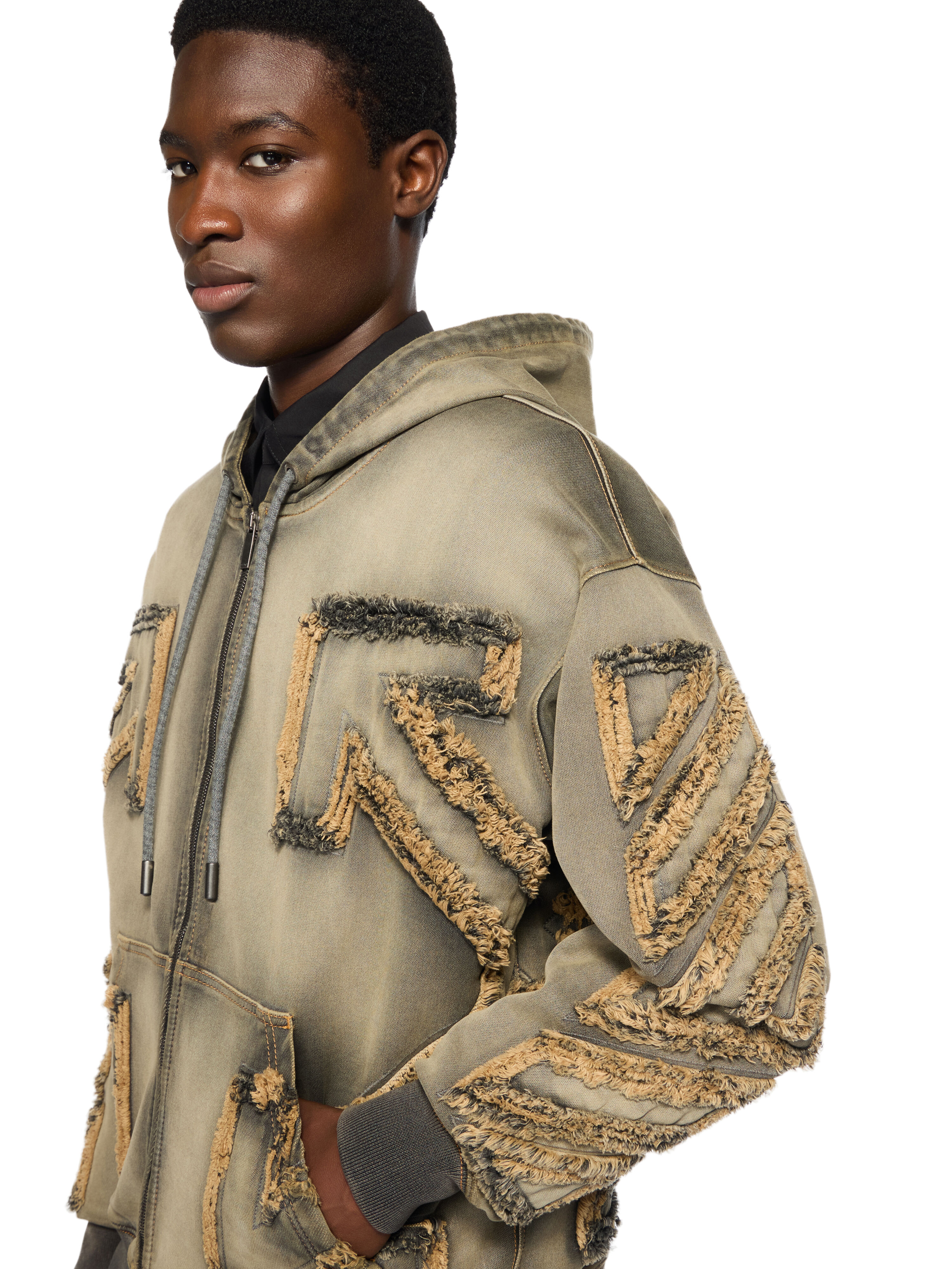Distressed Denim Arrow Zip Skate Hoodie in LICORICE - LICORICE for