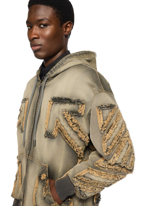 OFF WHITE Distressed Denim Arrow Zip Skate Hoodie LICORICE - LICORICE OMBE015W25DEN001