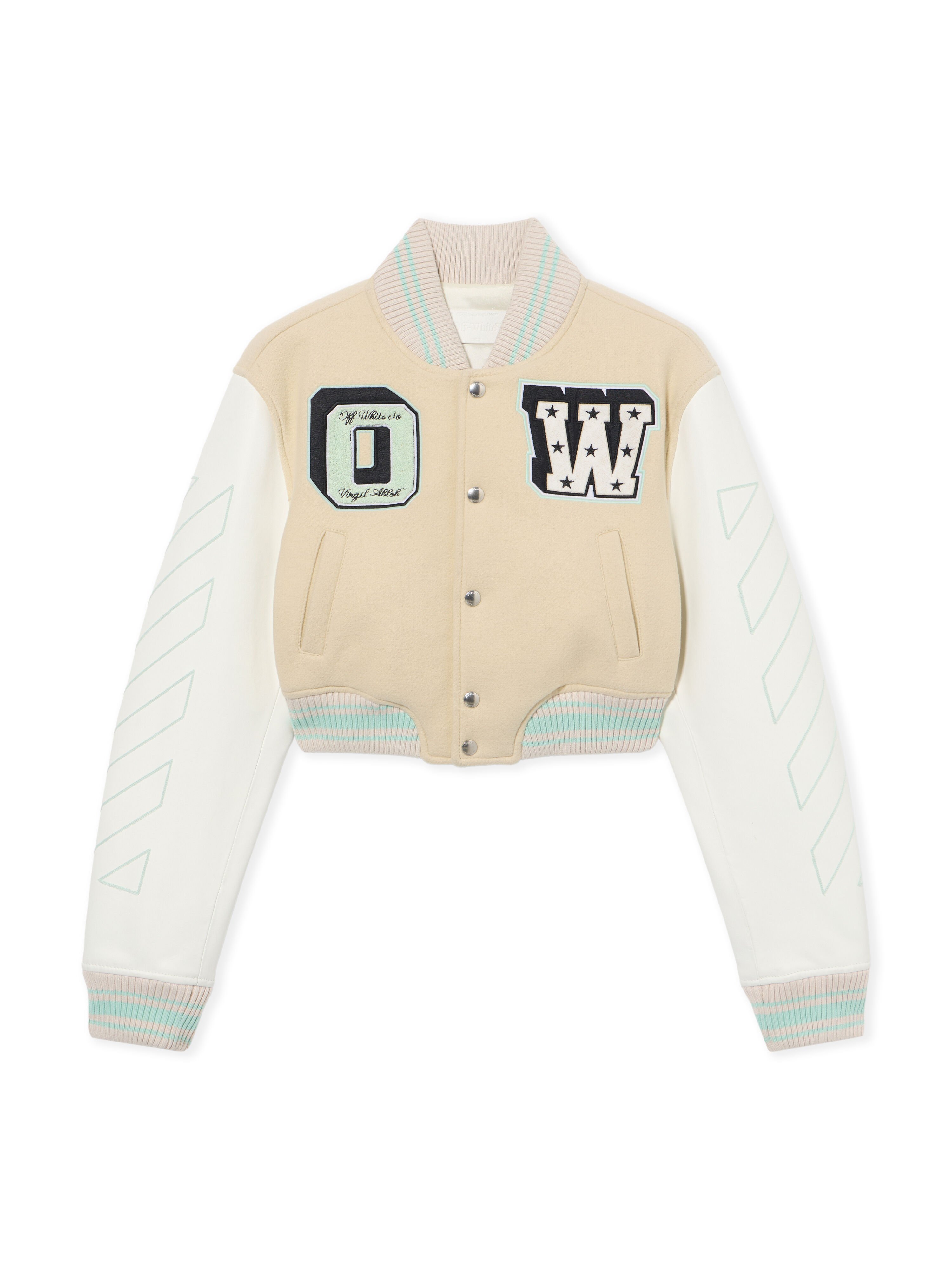 Graffiti Crop Varsity Jacket in White Asparagus-Misty Blue for