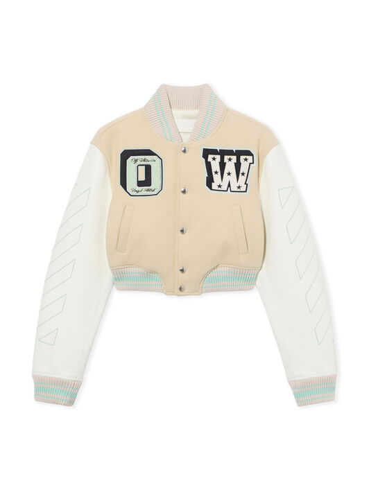 OFF WHITE Graffiti Crop Varsity Jacket White Asparagus-Misty Blue 2EK00MS26FAB001