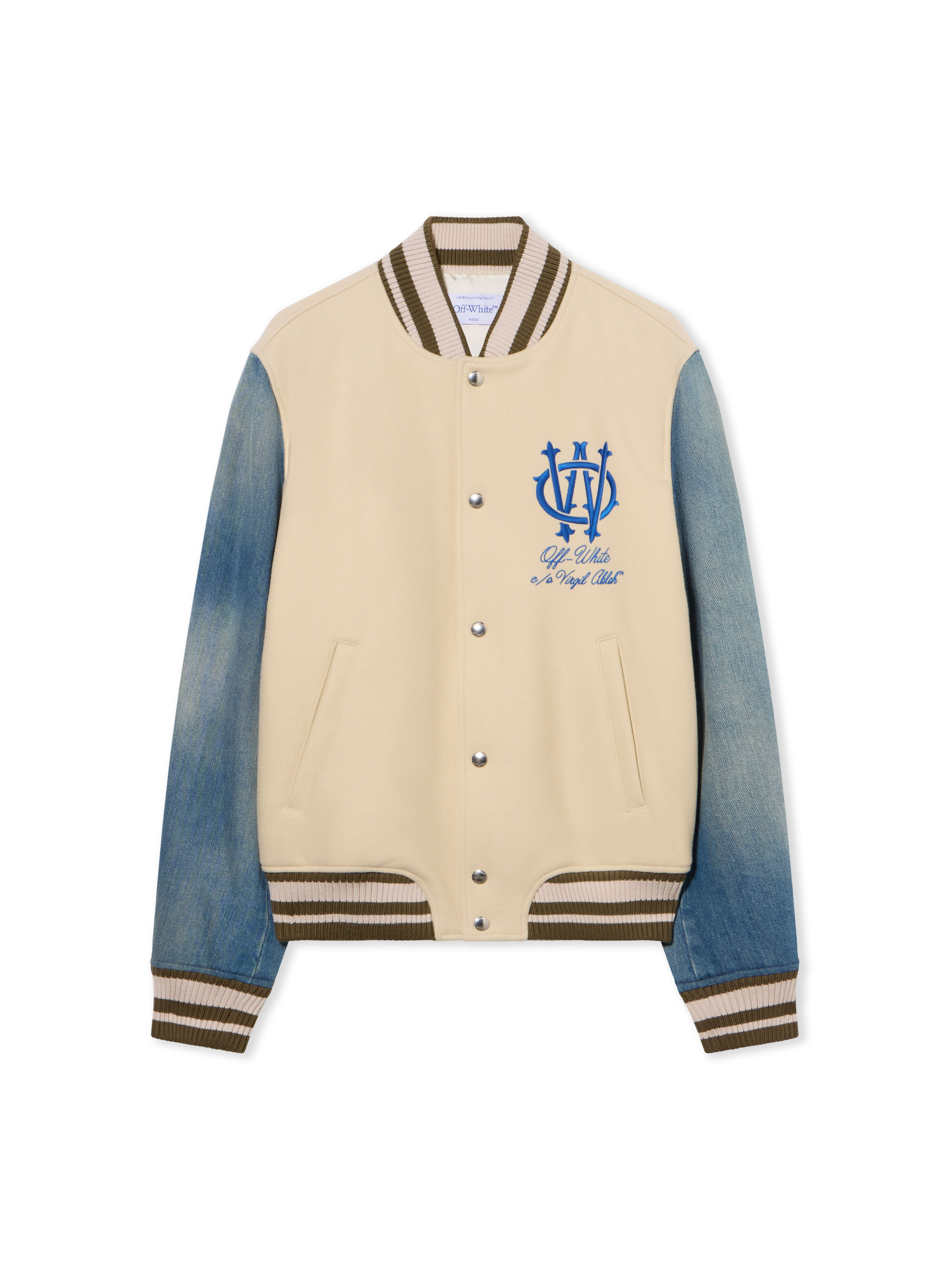 Gothic Wool Denim Varsity Jacket in FROZEN DEW/NAUTICAL BLUE for