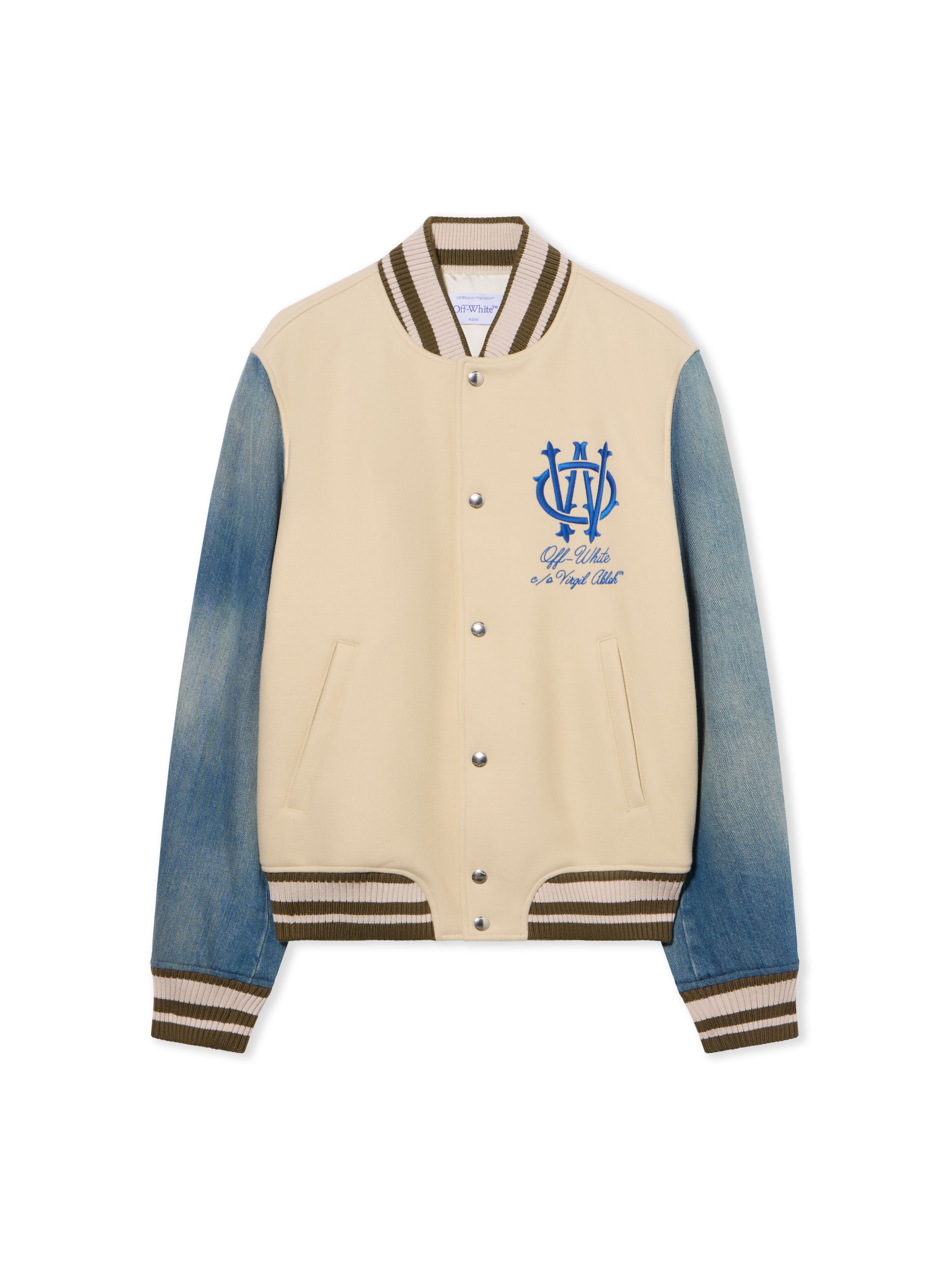 OFF WHITE Gothic Wool Denim Varsity Jacket FROZEN DEW/NAUTICAL BLUE OMEH053F25FAB004