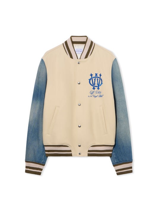 Gothic Wool Denim Varsity Jacket OFF WHITE Gothic Wool Denim Varsity Jacket FROZEN DEW/NAUTICAL BLUE OMEH053F25FAB004