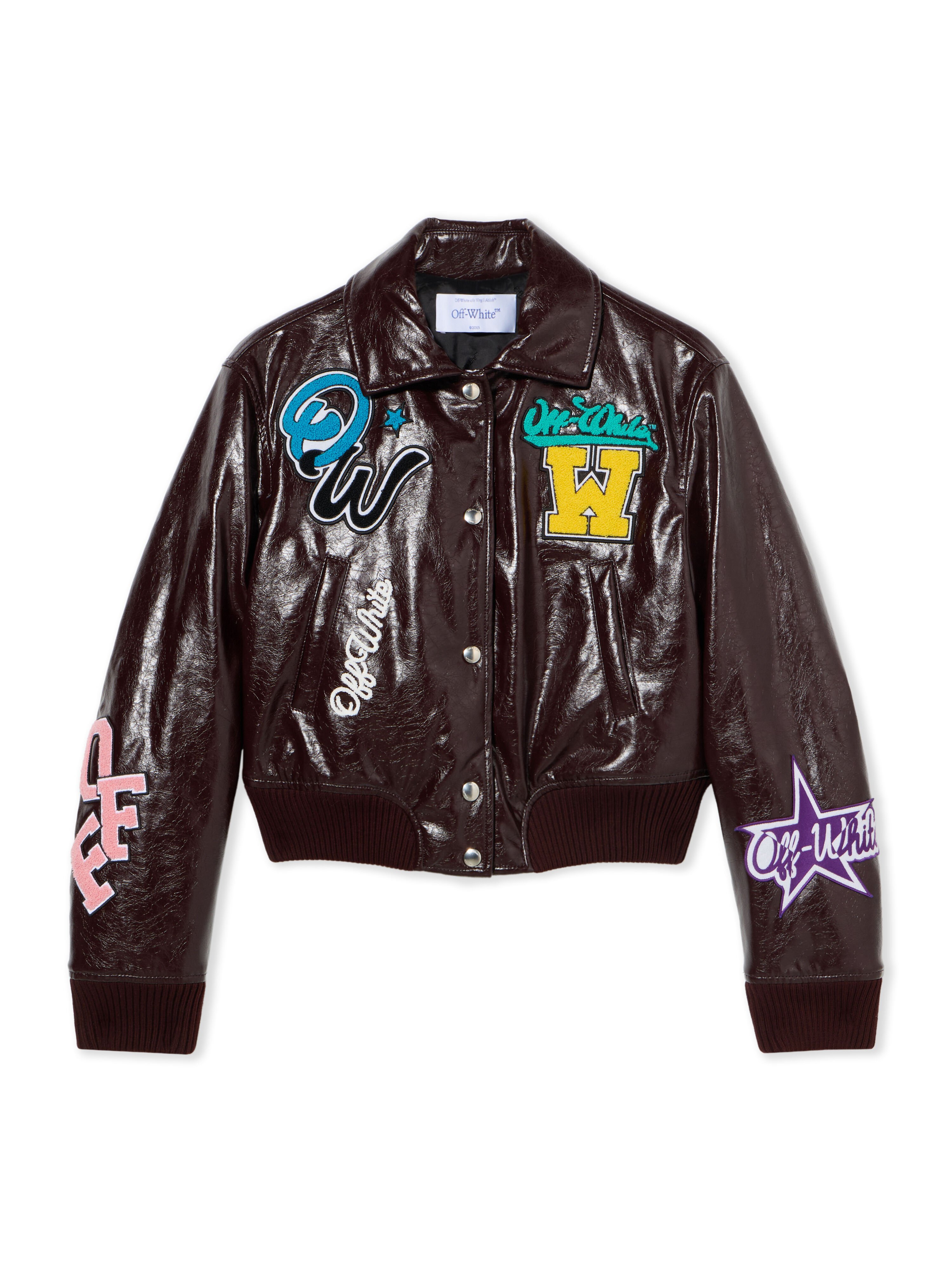 OFF WHITE Crinkled Coated Varsity Jacket CHOCOLATE PLUM-WHITE OWEK00MF25FAB001