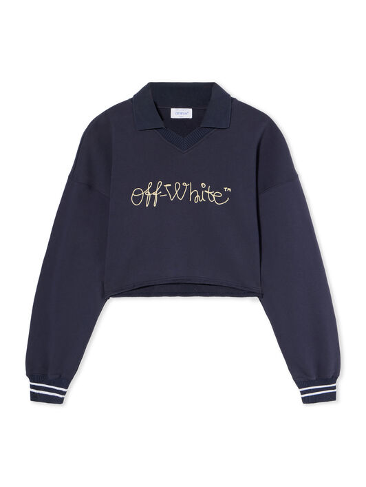 OFF WHITE Embroidered Script Logo Crop Polo Sweater DARK SAPPHIRE-DOUBLE CREAM OWBA07BF25FLE002