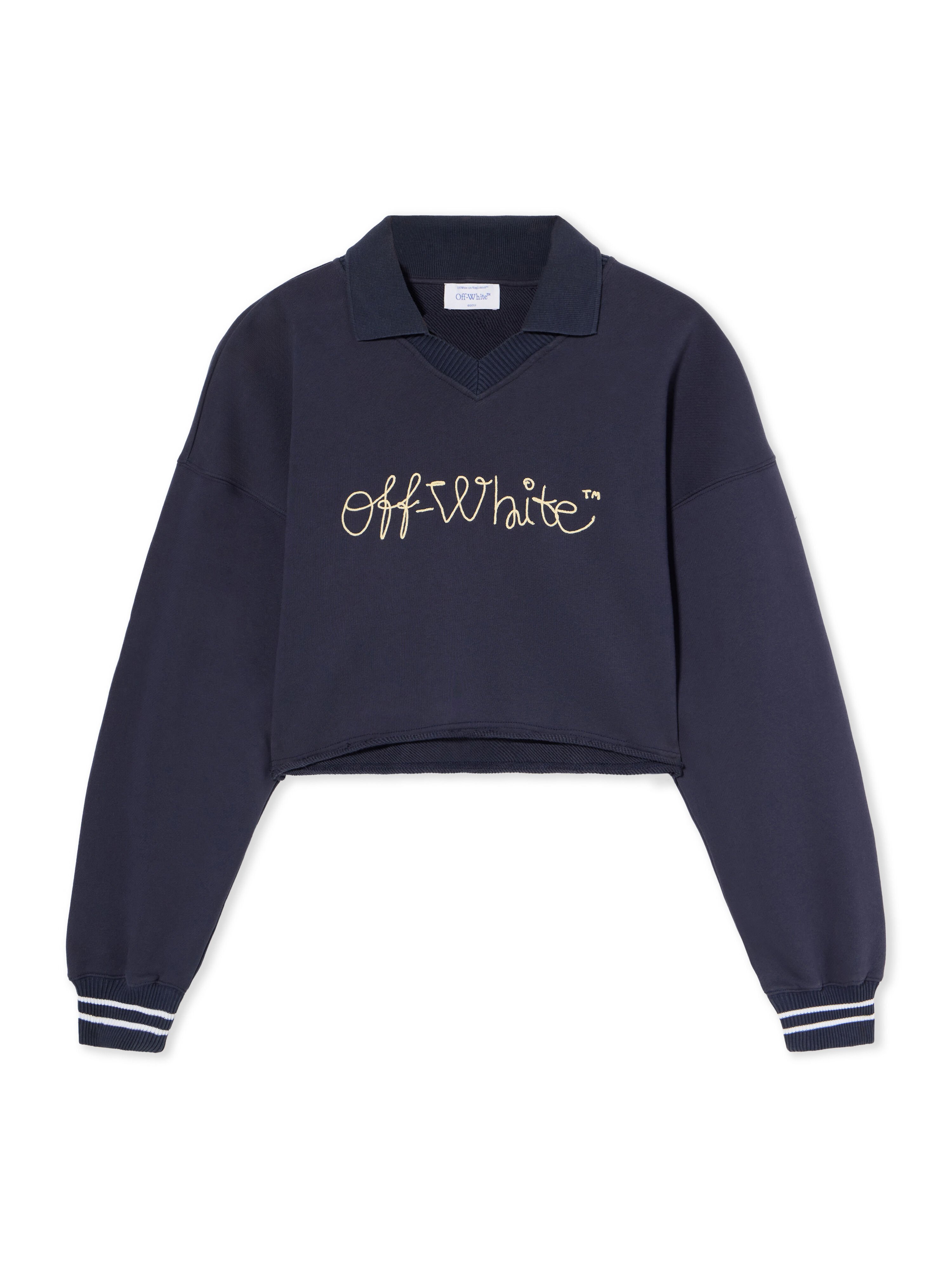 OFF WHITE Embroidered Script Logo Crop Polo Sweater DARK SAPPHIRE-DOUBLE CREAM OWBA07BF25FLE002