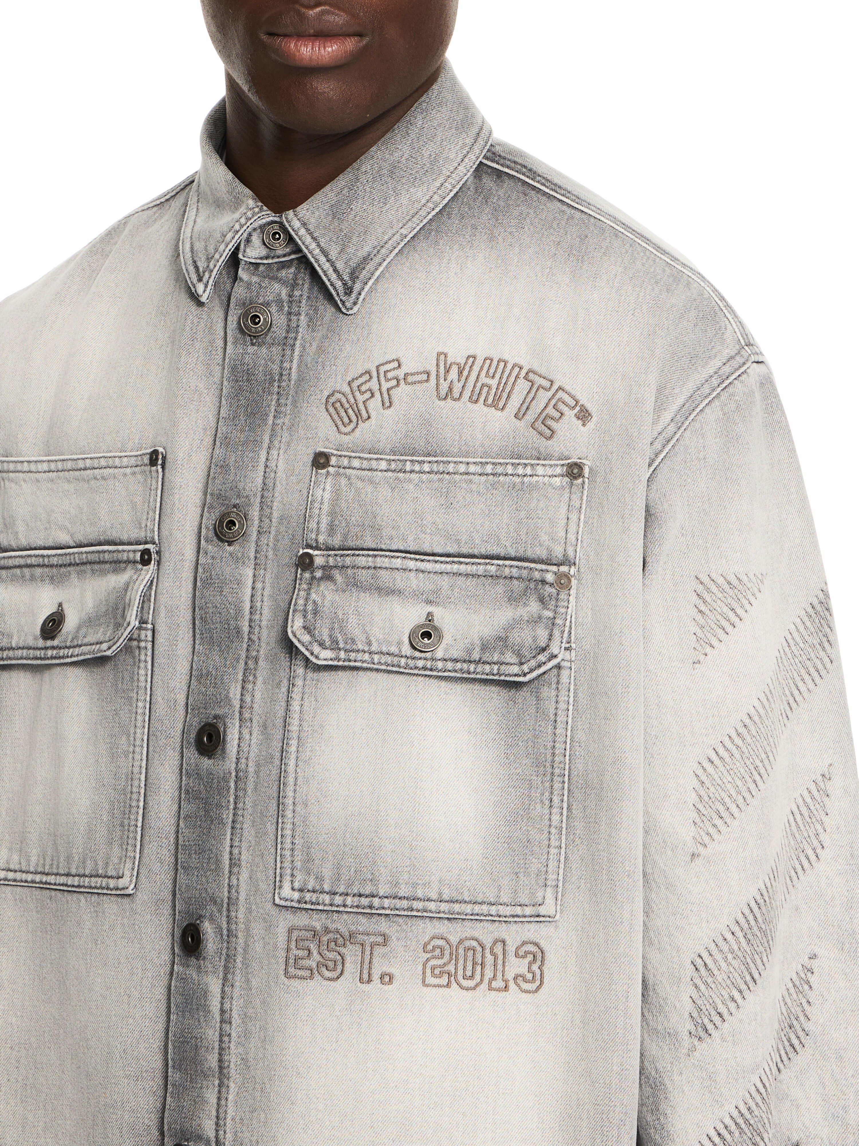 OFF WHITE Diagonal Embroidered Denim Military Overshirt SUN-FADED GREY 44MYD05VS26D003