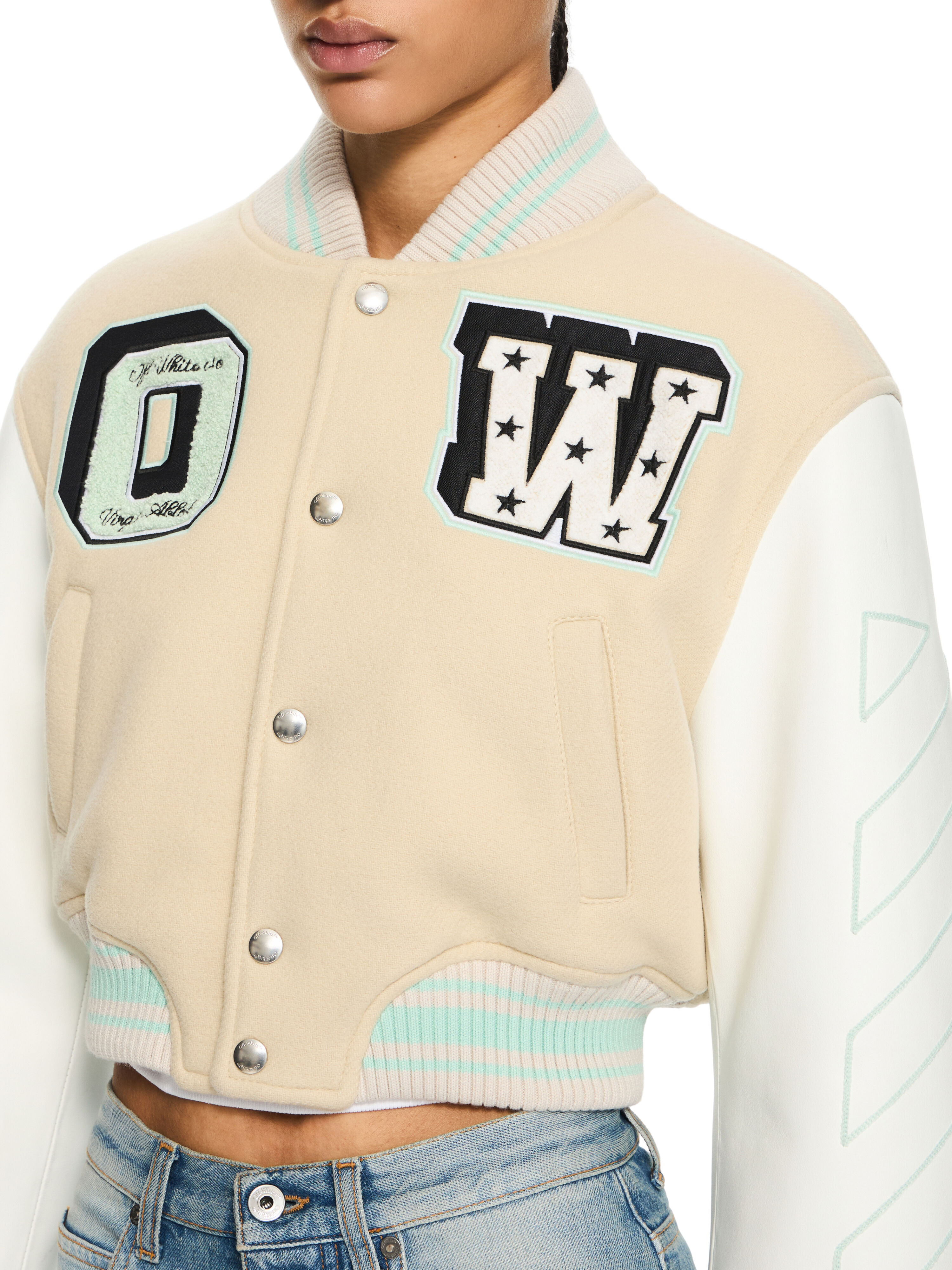 Graffiti Crop Varsity Jacket in White Asparagus-Misty Blue for
