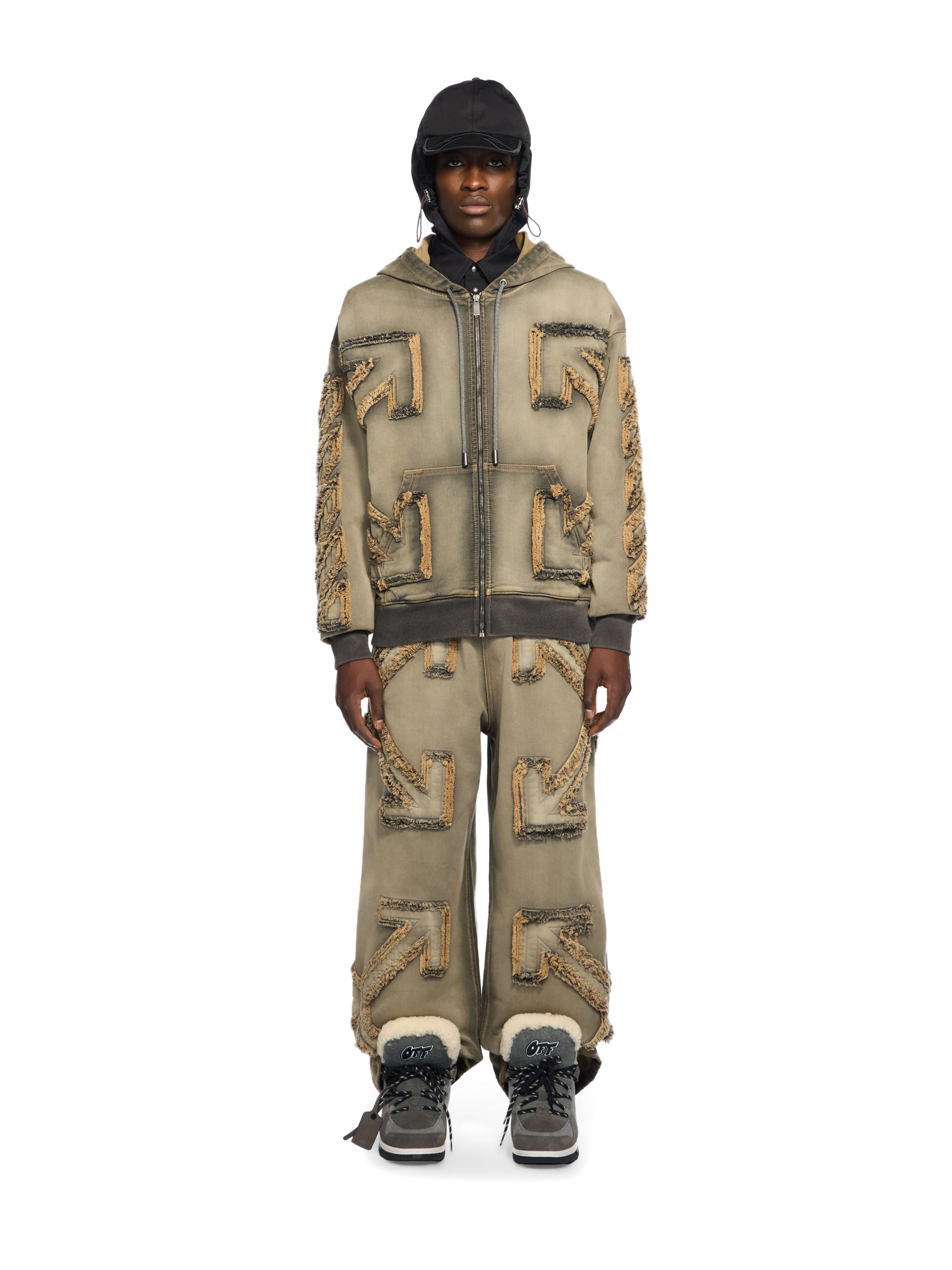 OFF WHITE Distressed Denim Arrow Zip Skate Hoodie LICORICE - LICORICE OMBE015W25DEN001