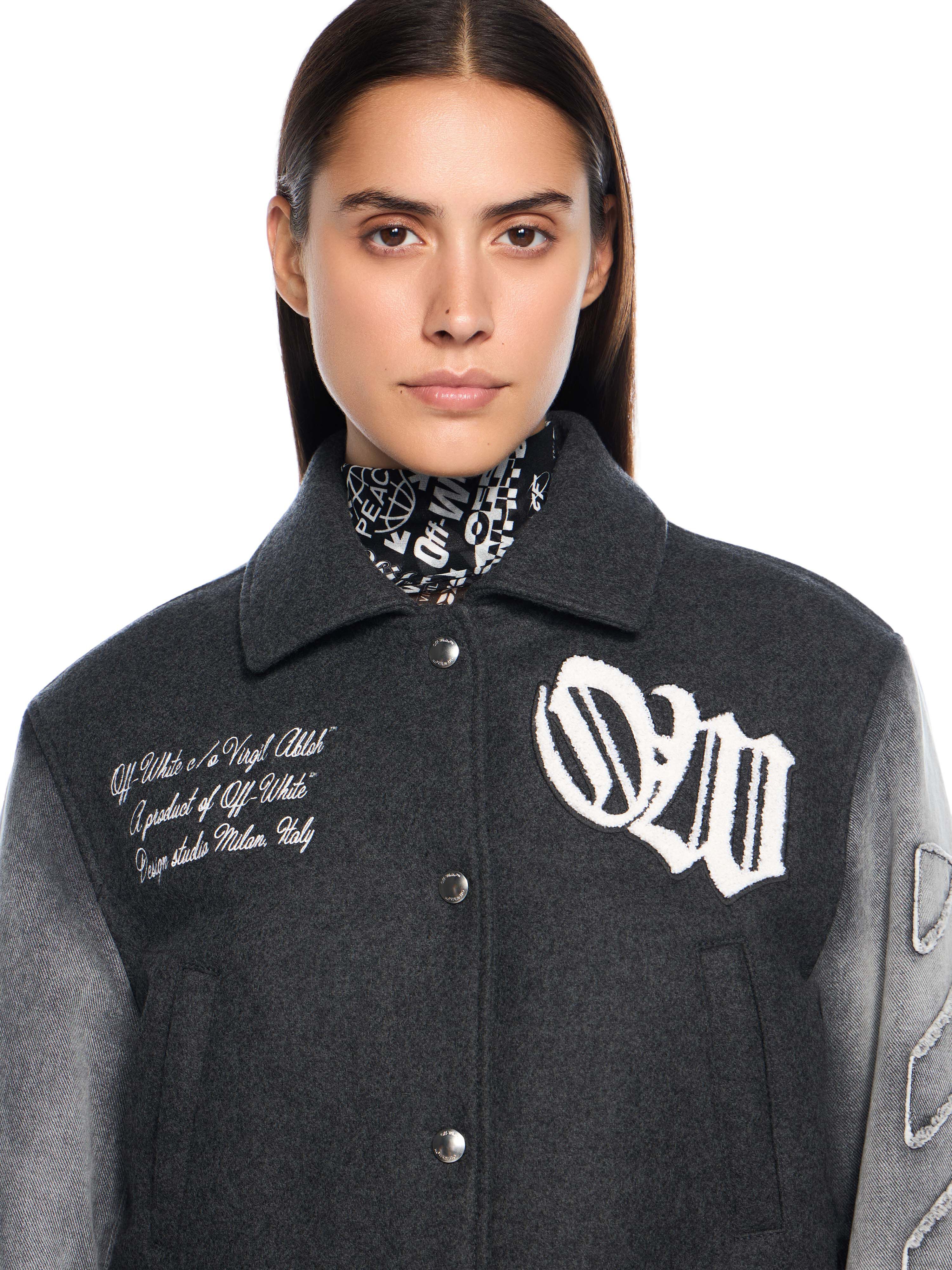 OFF WHITE Gothic Class Varsity Jacket BLACKENED PEARL-WHITE OWEK00MF25DEN001