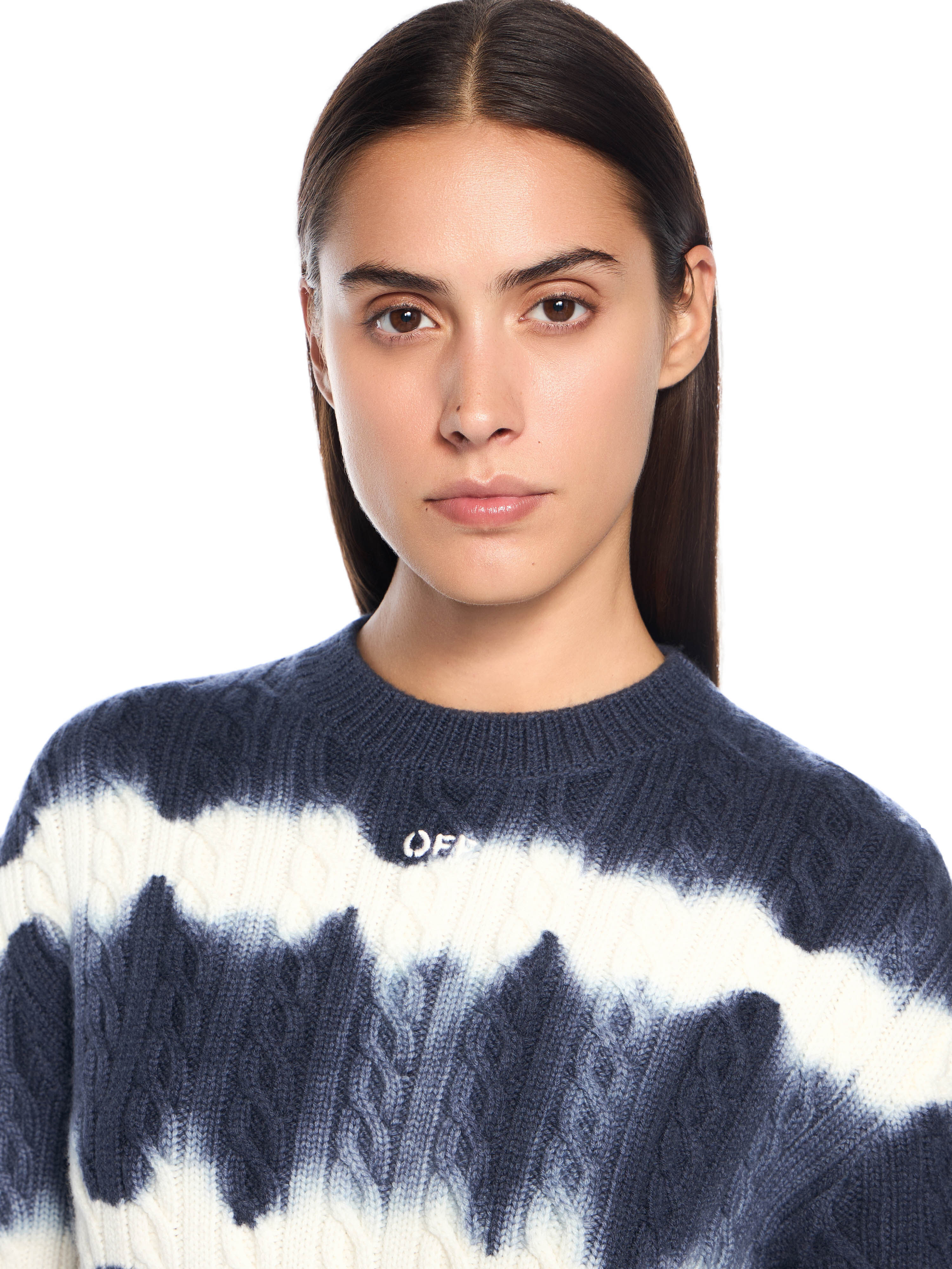 OFF WHITE Tiedye Cable Crop Crewneck Sweater BLUE IRIS-WHITE OWHE10IF25KNI001