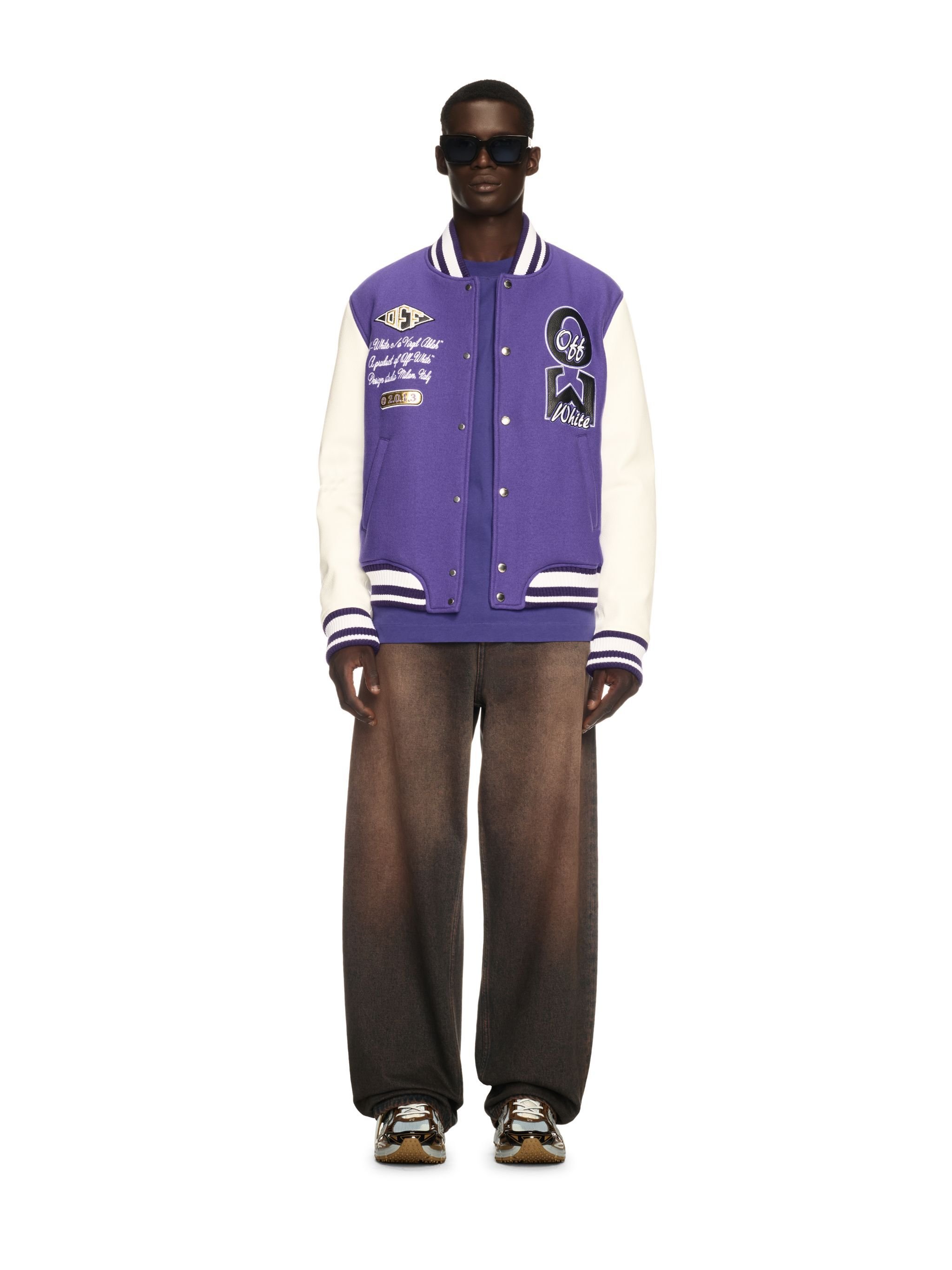 OFF WHITE Time Leather/Wool Varsity Jacket PURPLE OMJA122S25LEA001