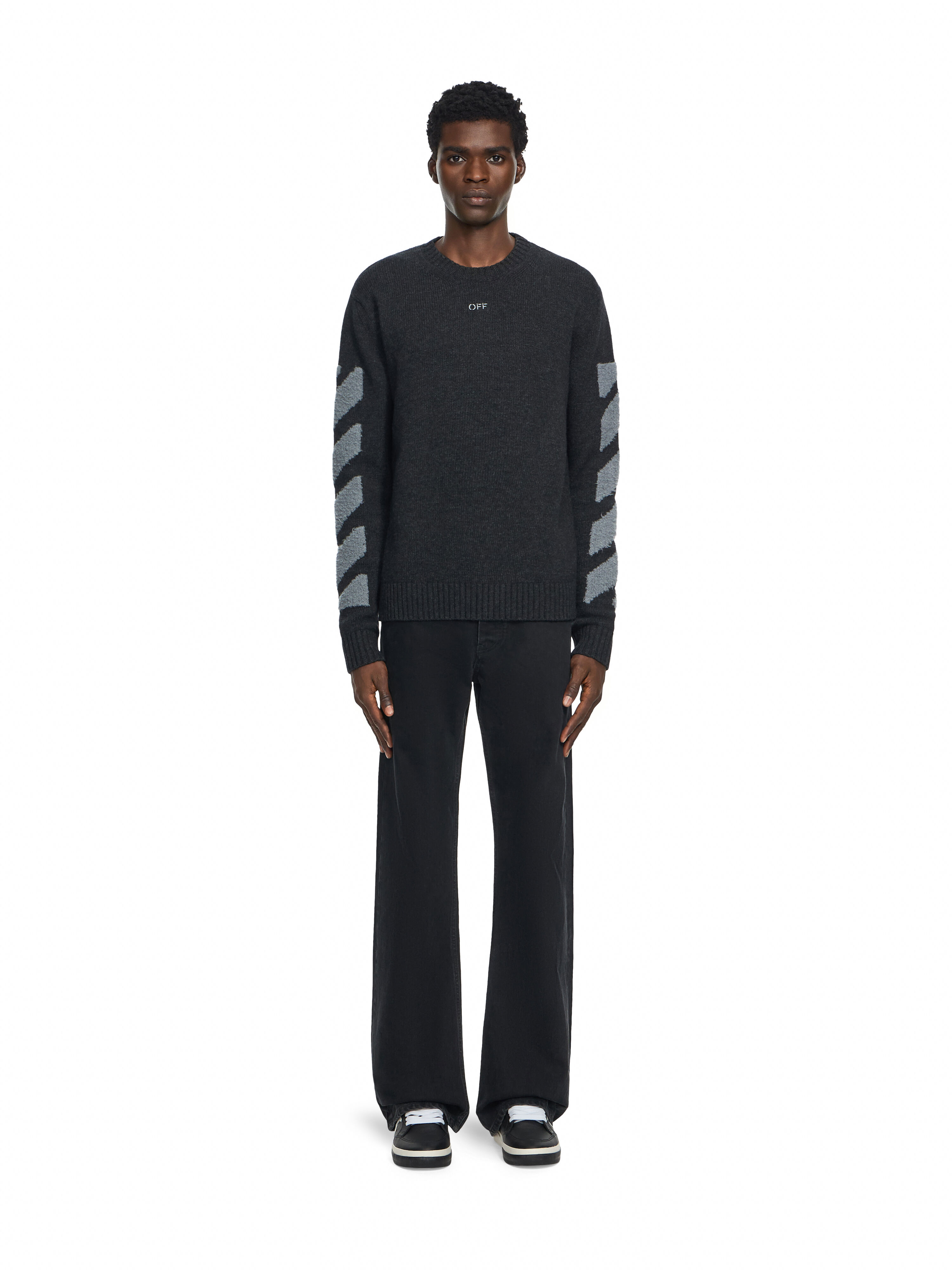 OFF WHITE Diagonals Fuzzy Knit Crewneck ANTRACITE 44MHE087F26K002