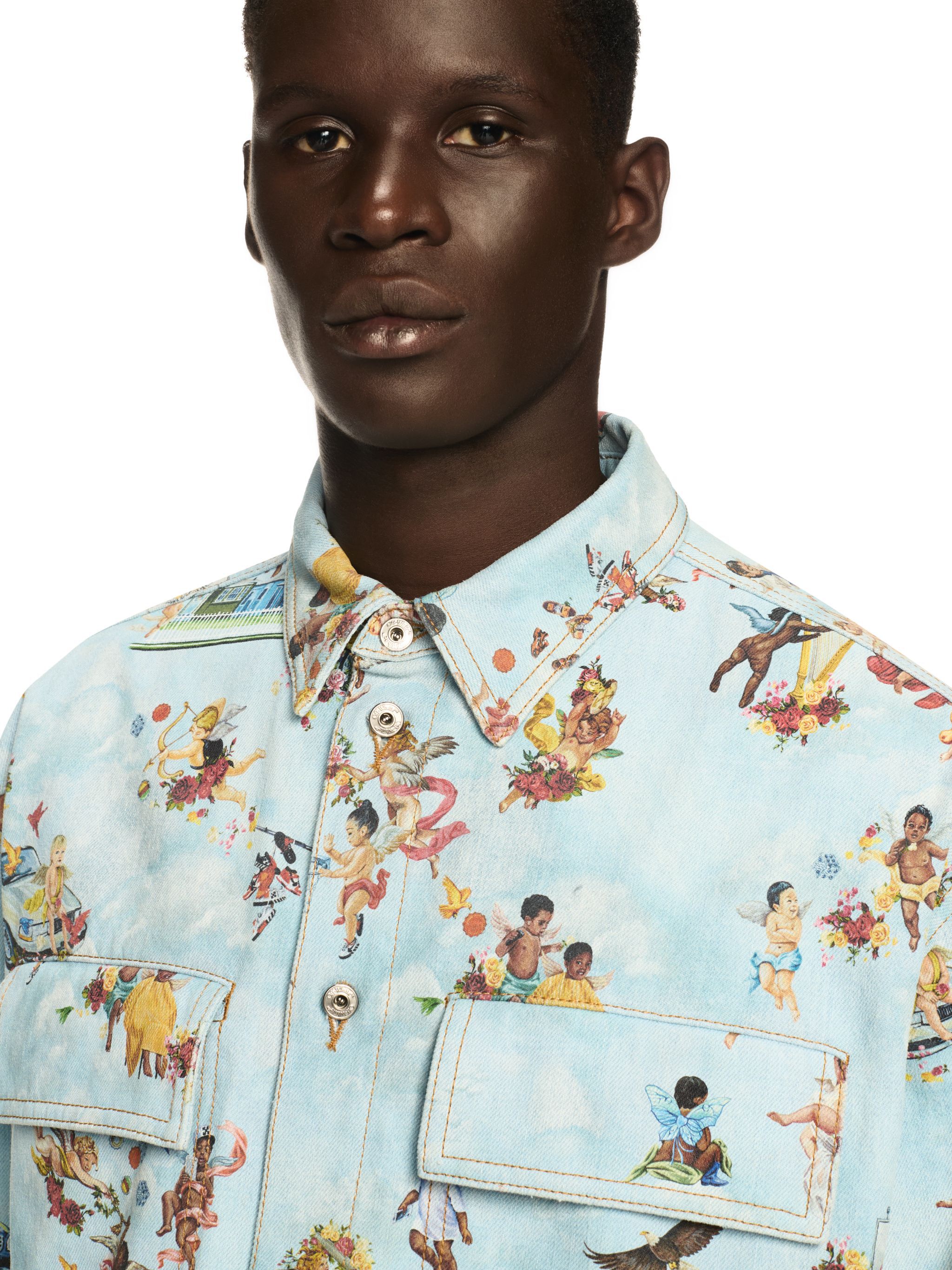 OFF WHITE Fresco Print Den Milit Shirt Multicolor BLUE OMYD05HS25DEN003