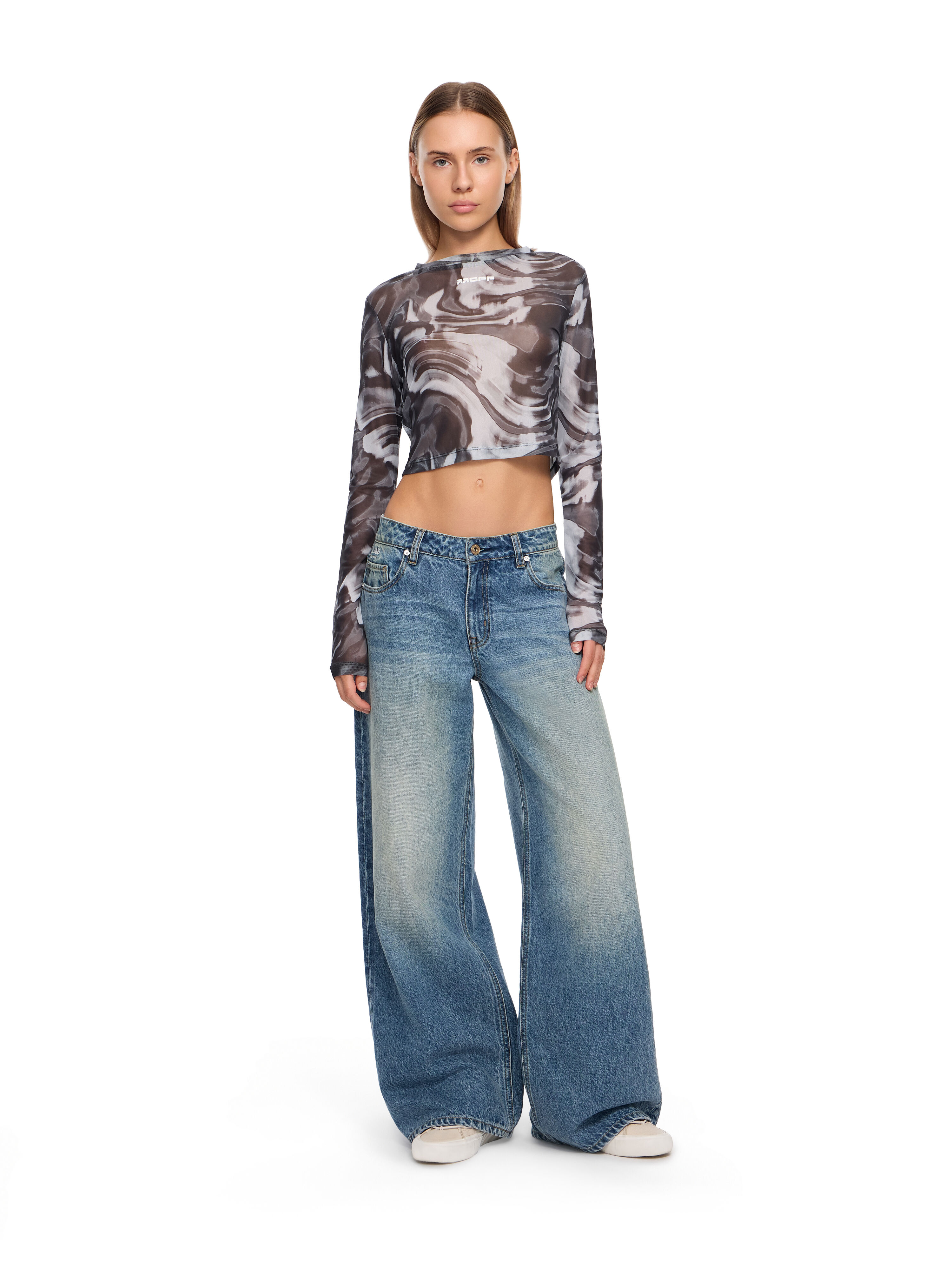 LAB L/AB Mesh Printed Crop Top Black White Swirl LABF2639B00049T