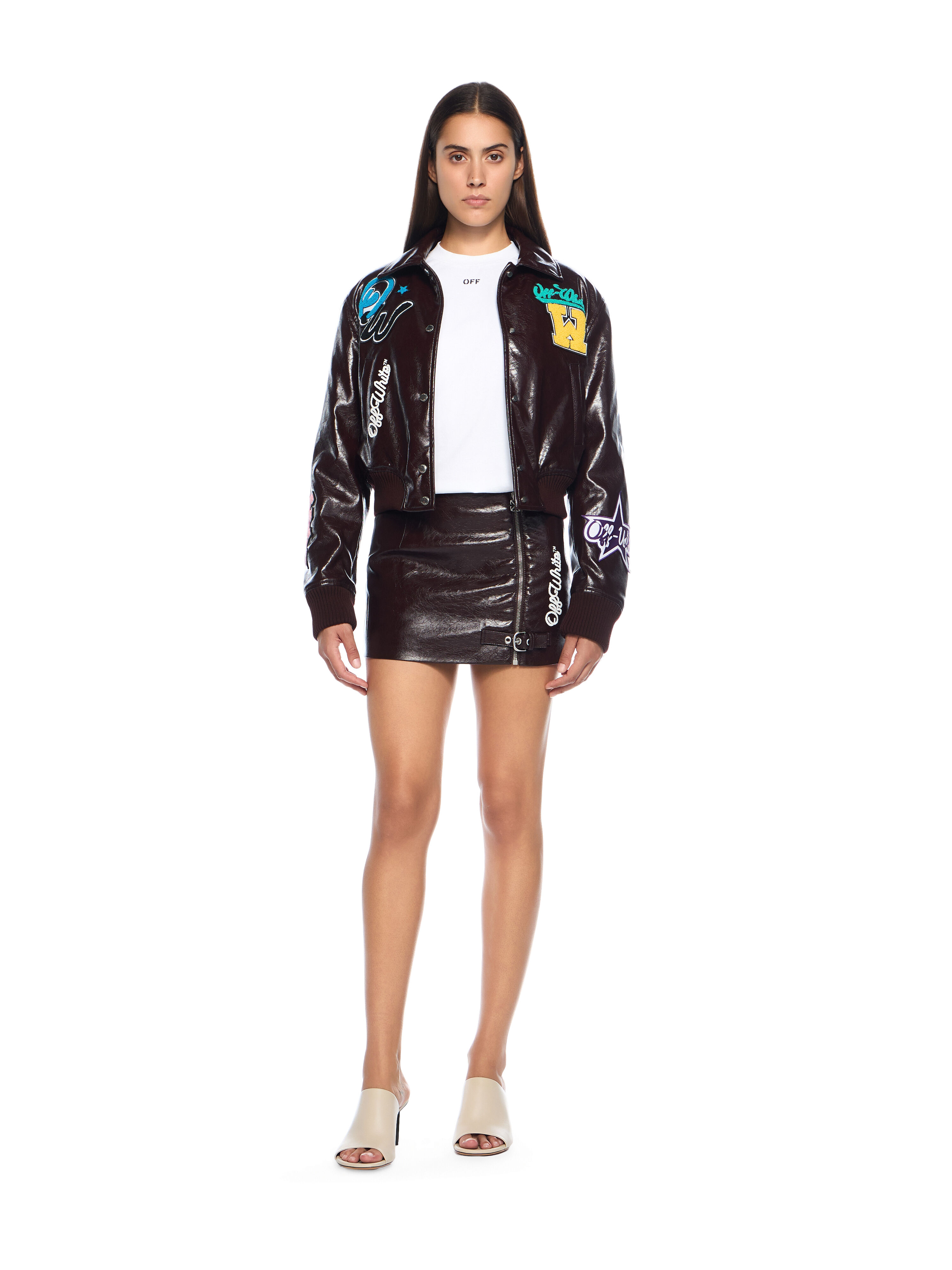 OFF WHITE Crinkle Coated Mini Skirt CHOCOLATE PLUM-WHITE OWCU01GF25FAB001