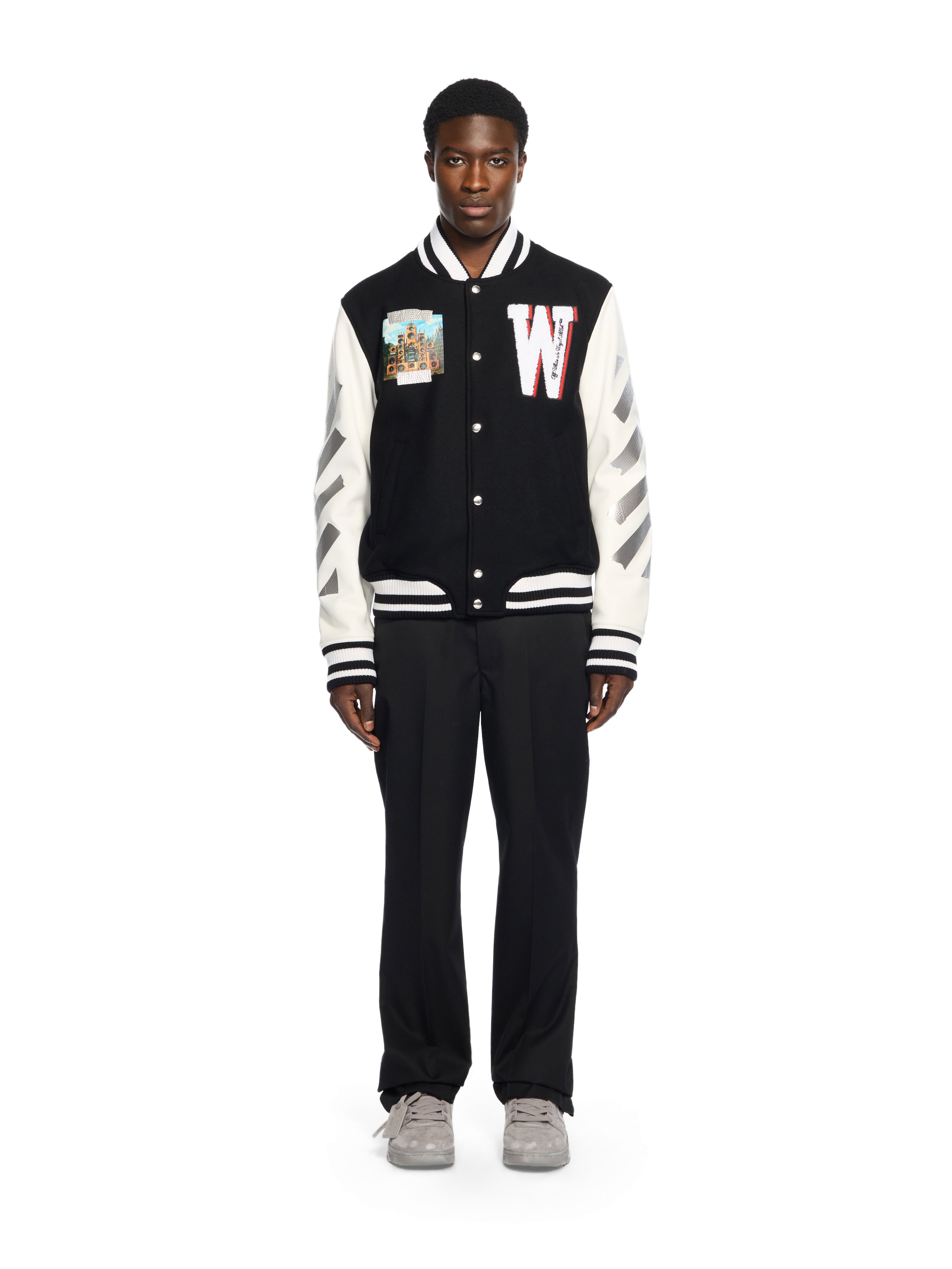 OFF WHITE Soundsystem Varsity Jacket BLACK-RED DAHLIA OMJA122F25LEA003