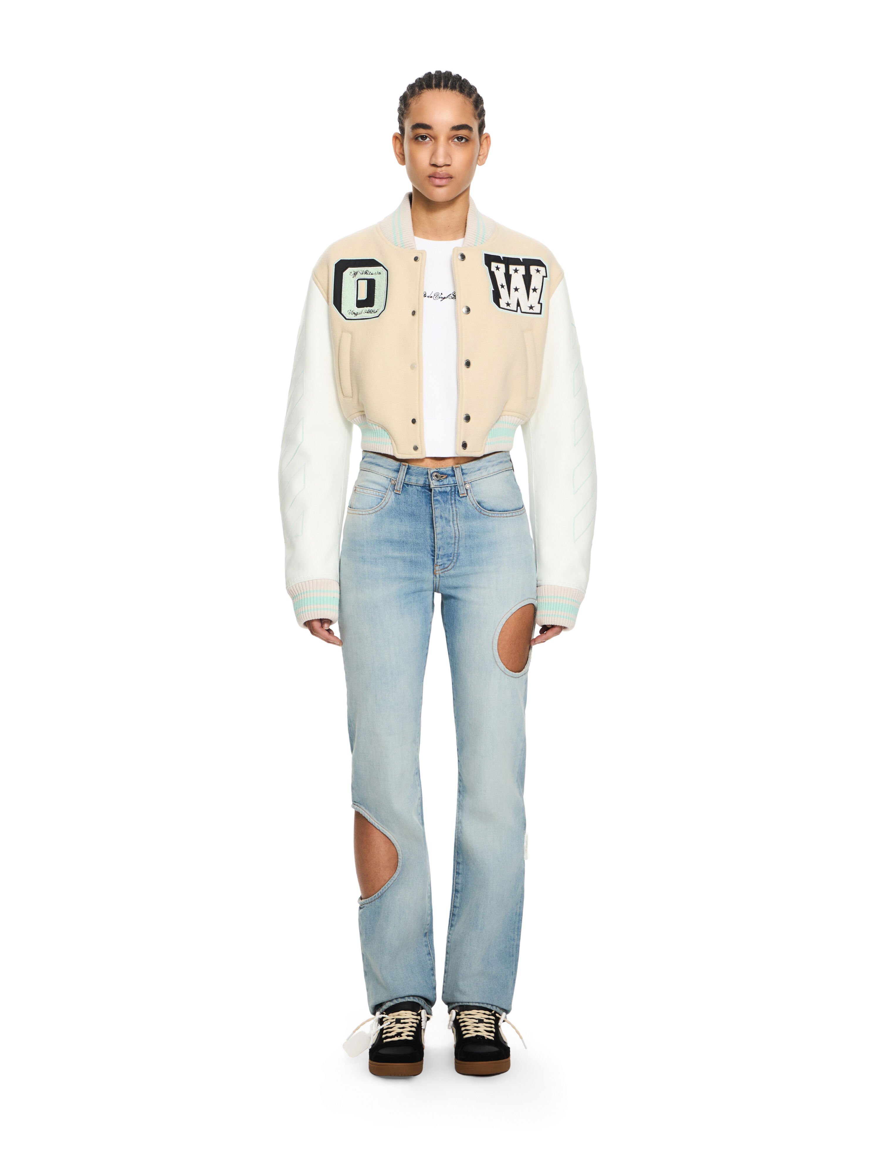OFF WHITE Graffiti Crop Varsity Jacket White Asparagus-Misty Blue 2EK00MS26FAB001