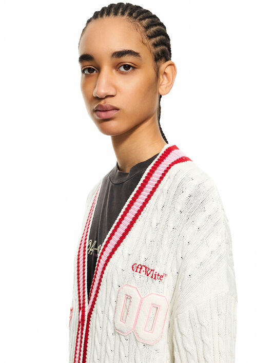 OFF WHITE College Patch Cable Knit Cardigan White-Haute Red 2HB04MS26KNI001