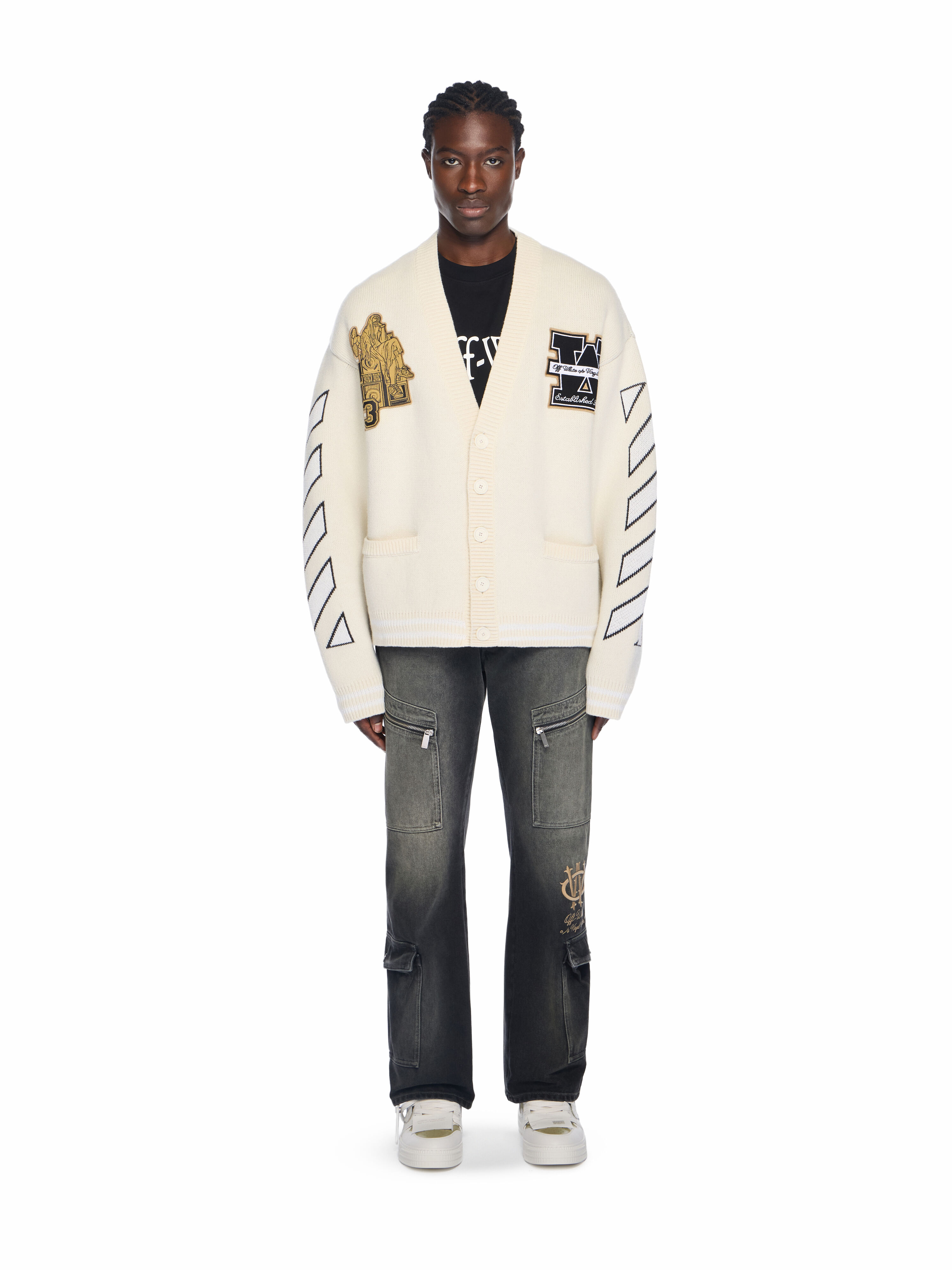 OFF WHITE Lion Varsity Knit Cardigan CREAM - BLACK OMHB019F25KNI001