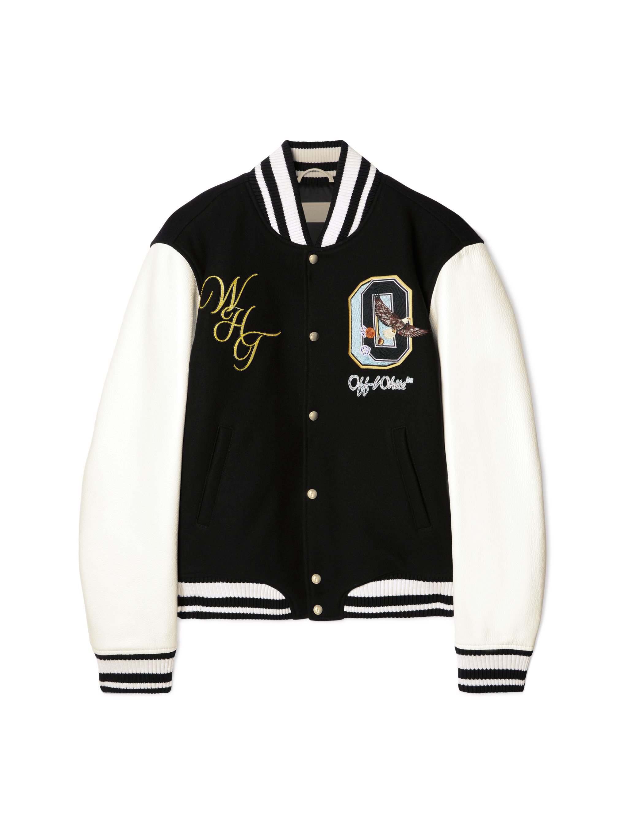 OFF WHITE Fresco Leather/Wool Varsity Jacket BLACK OMJA122S25LEA003