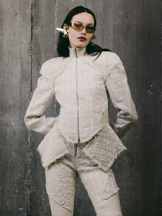 OFF WHITE Tweed Zip Up Peplum Jacket WHITE - WHITE OWEN005W25FAB002