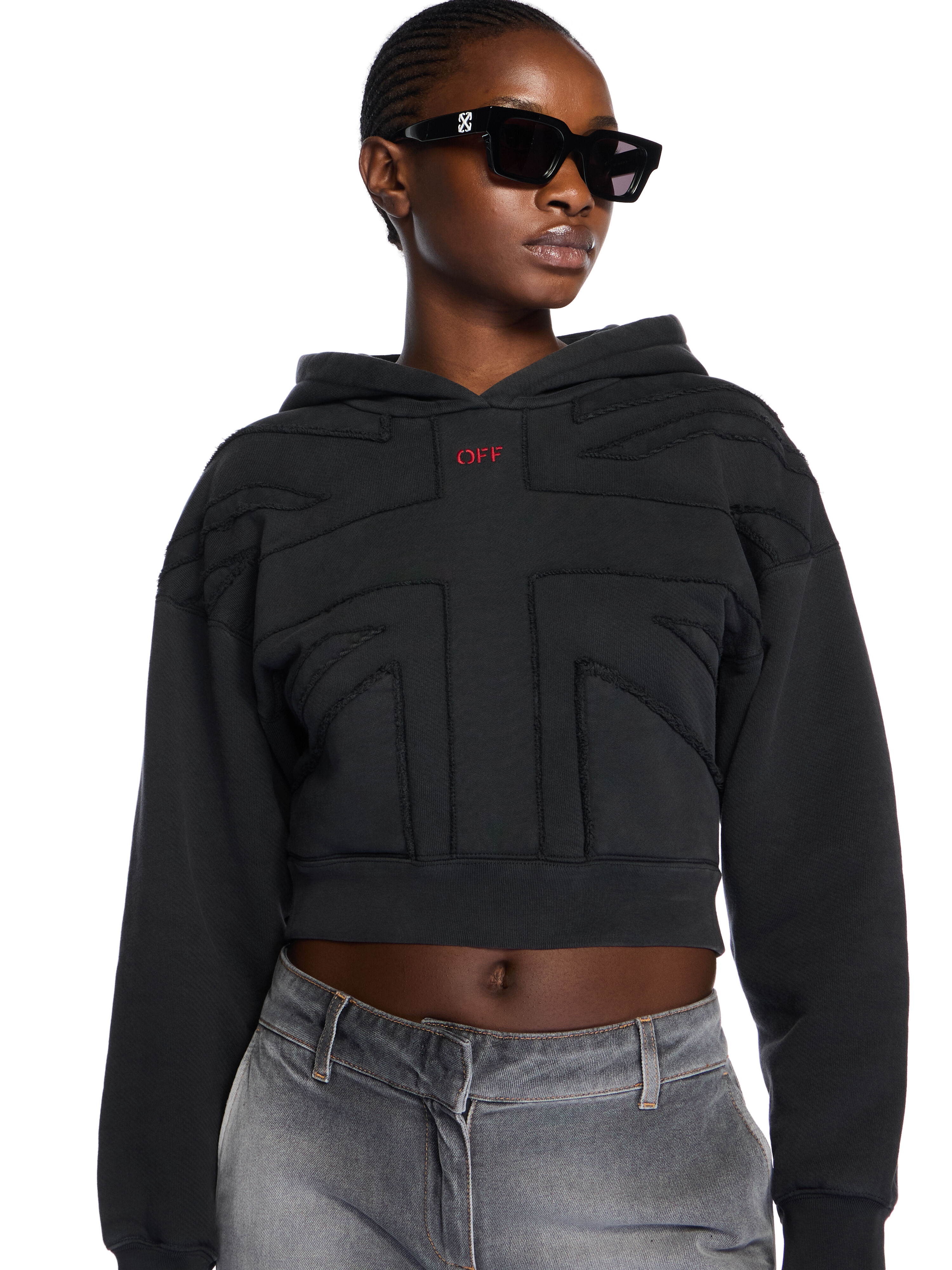 Union Appliqué Crop Logo Hoodie in WASHED BLACK-RED DAHLIA for