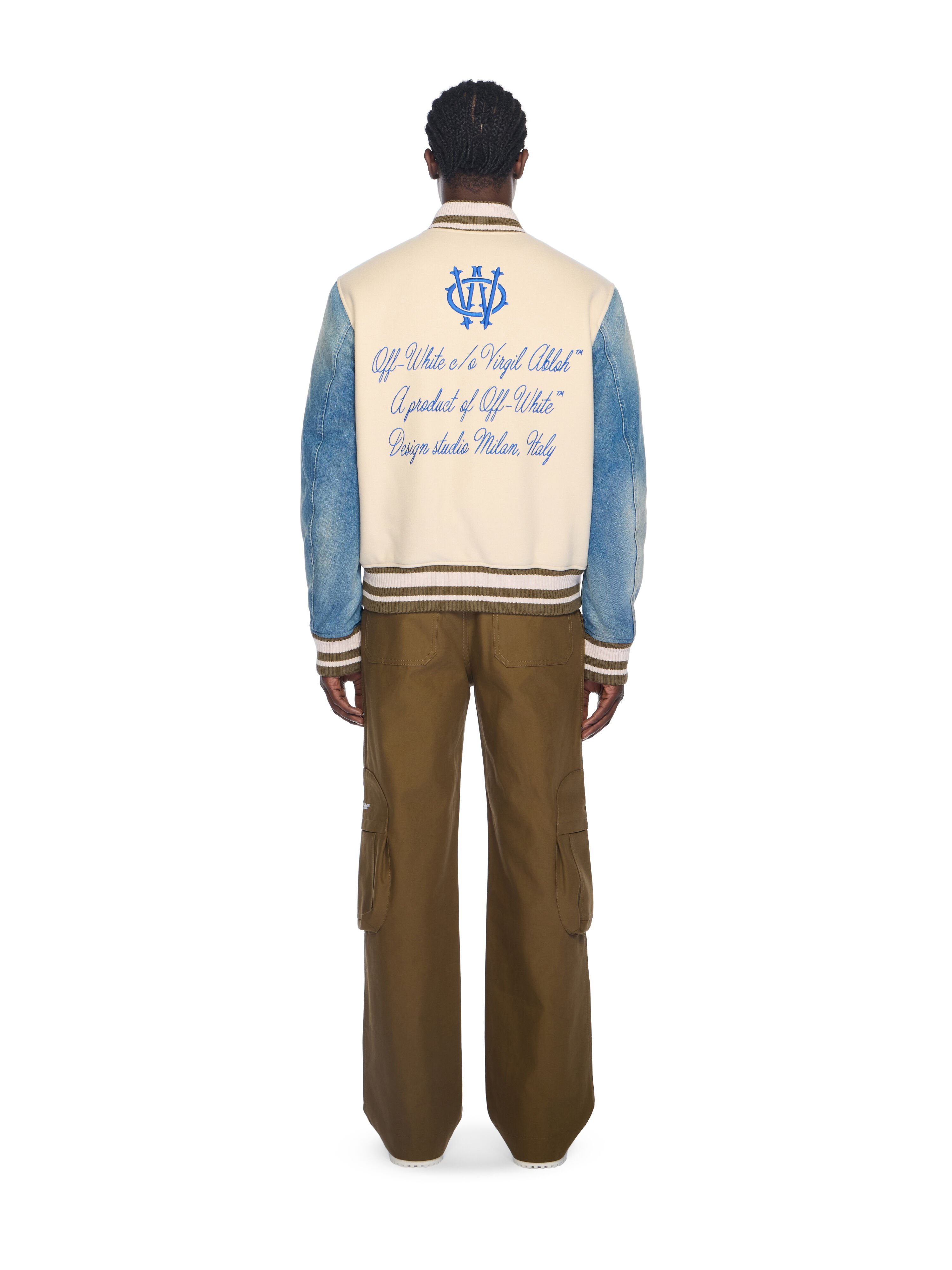 Gothic Wool Denim Varsity Jacket OFF WHITE Gothic Wool Denim Varsity Jacket FROZEN DEW/NAUTICAL BLUE OMEH053F25FAB004