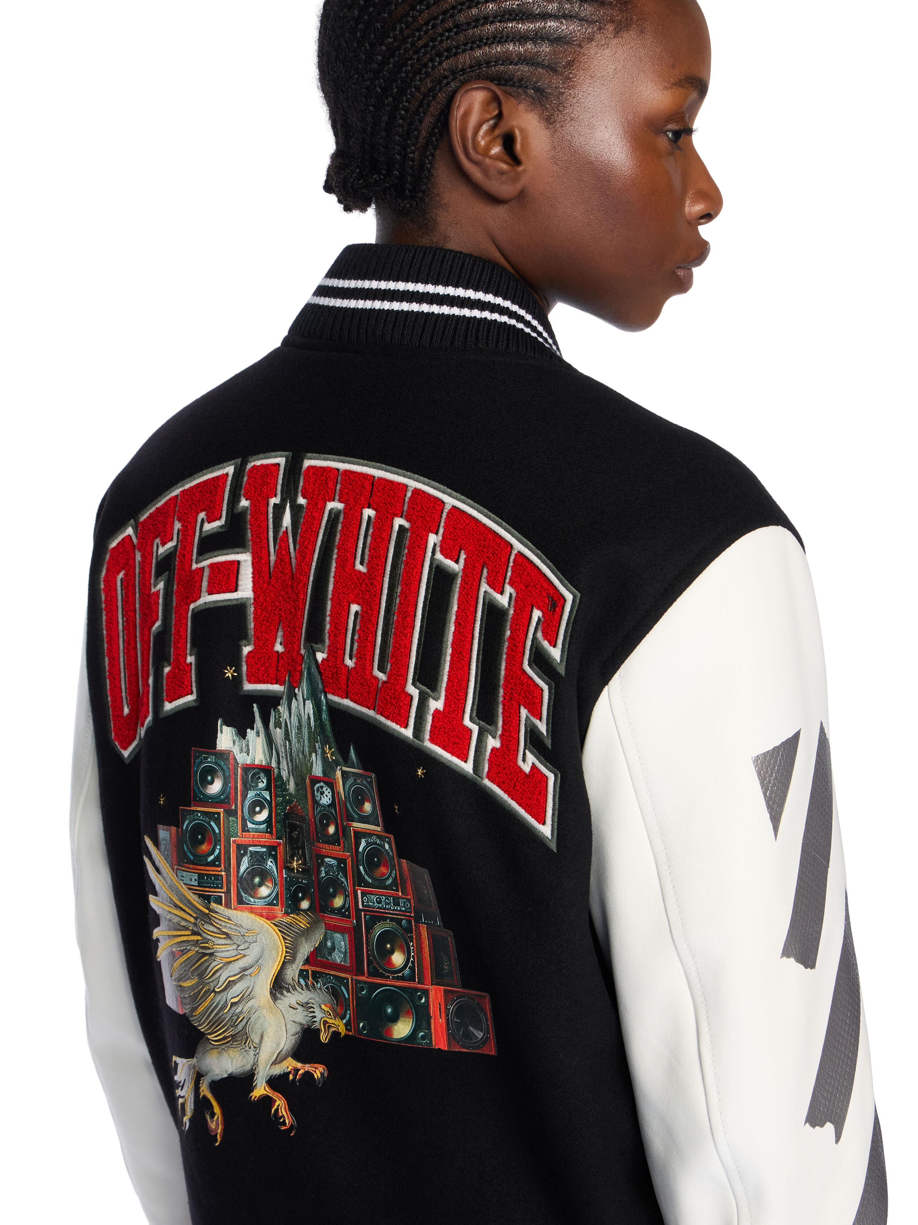 Wo Soundsystem Varsity Jacket in BLACK-RED DAHLIA for Women | Off