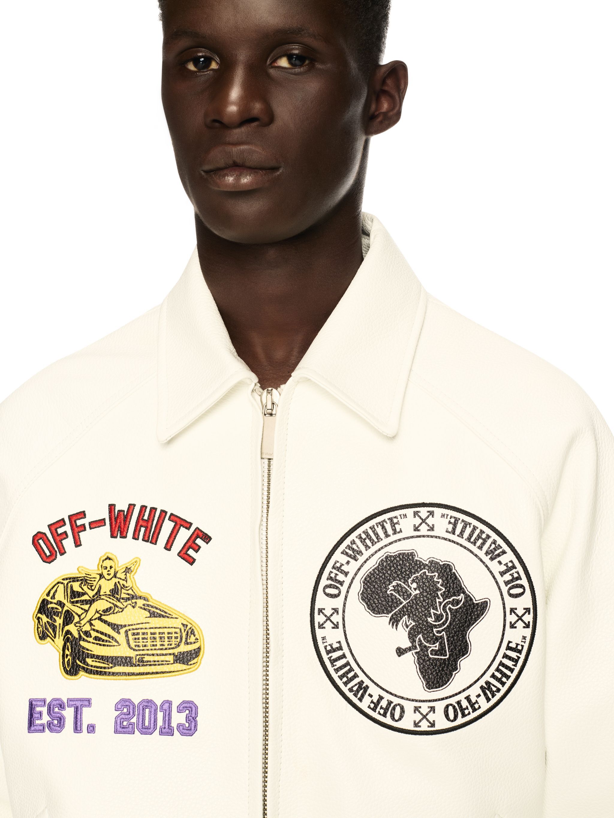 OFF WHITE Rhino Leather Raglan Varsity Jacket WHITE OMJA123S25LEA001