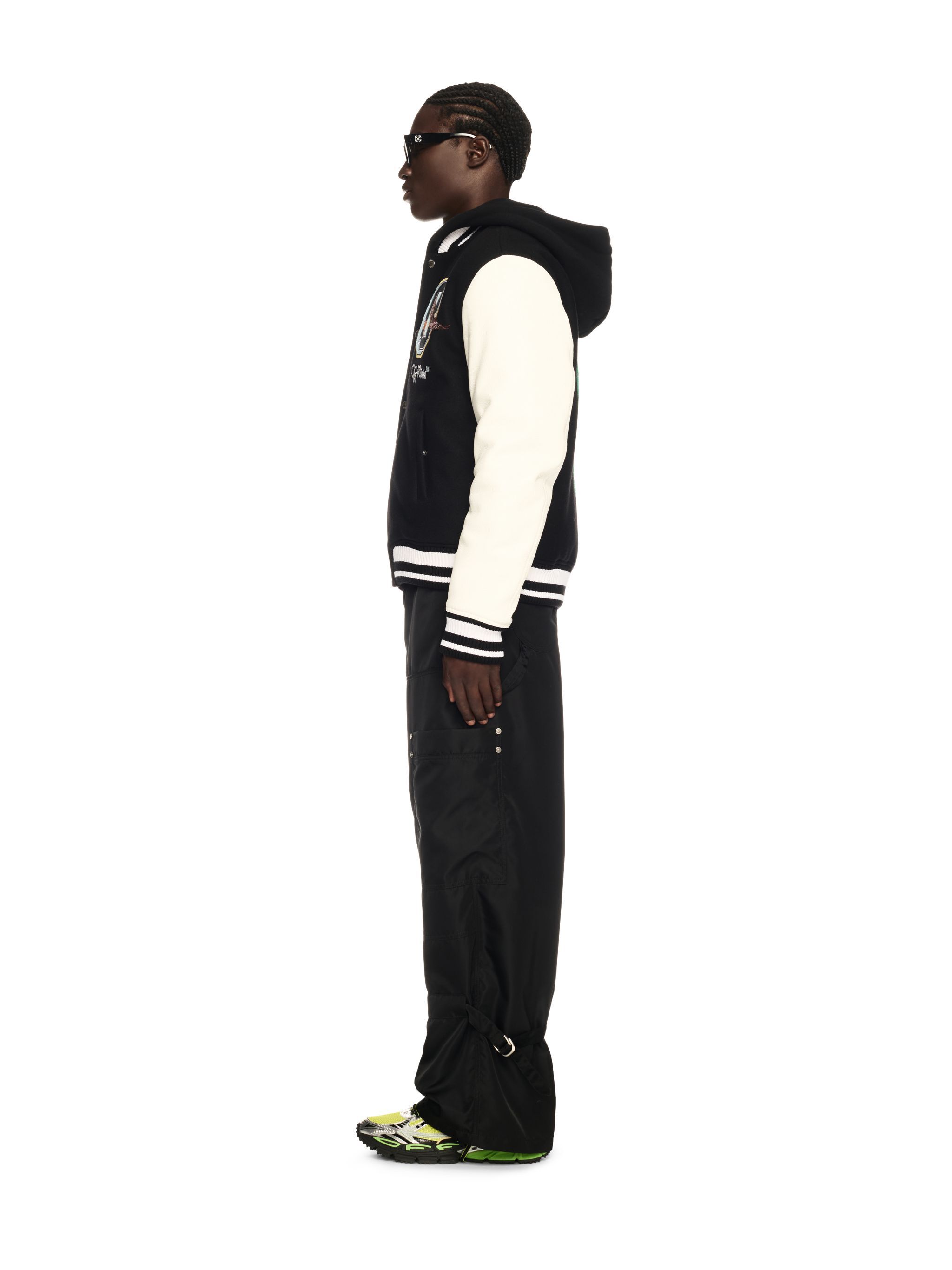 OFF WHITE Fresco Leather/Wool Varsity Jacket BLACK OMJA122S25LEA003