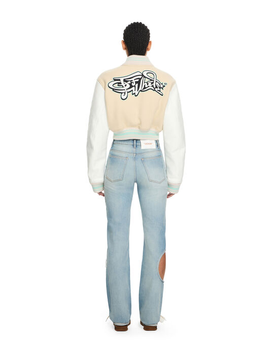 OFF WHITE Graffiti Crop Varsity Jacket White Asparagus-Misty Blue 2EK00MS26FAB001