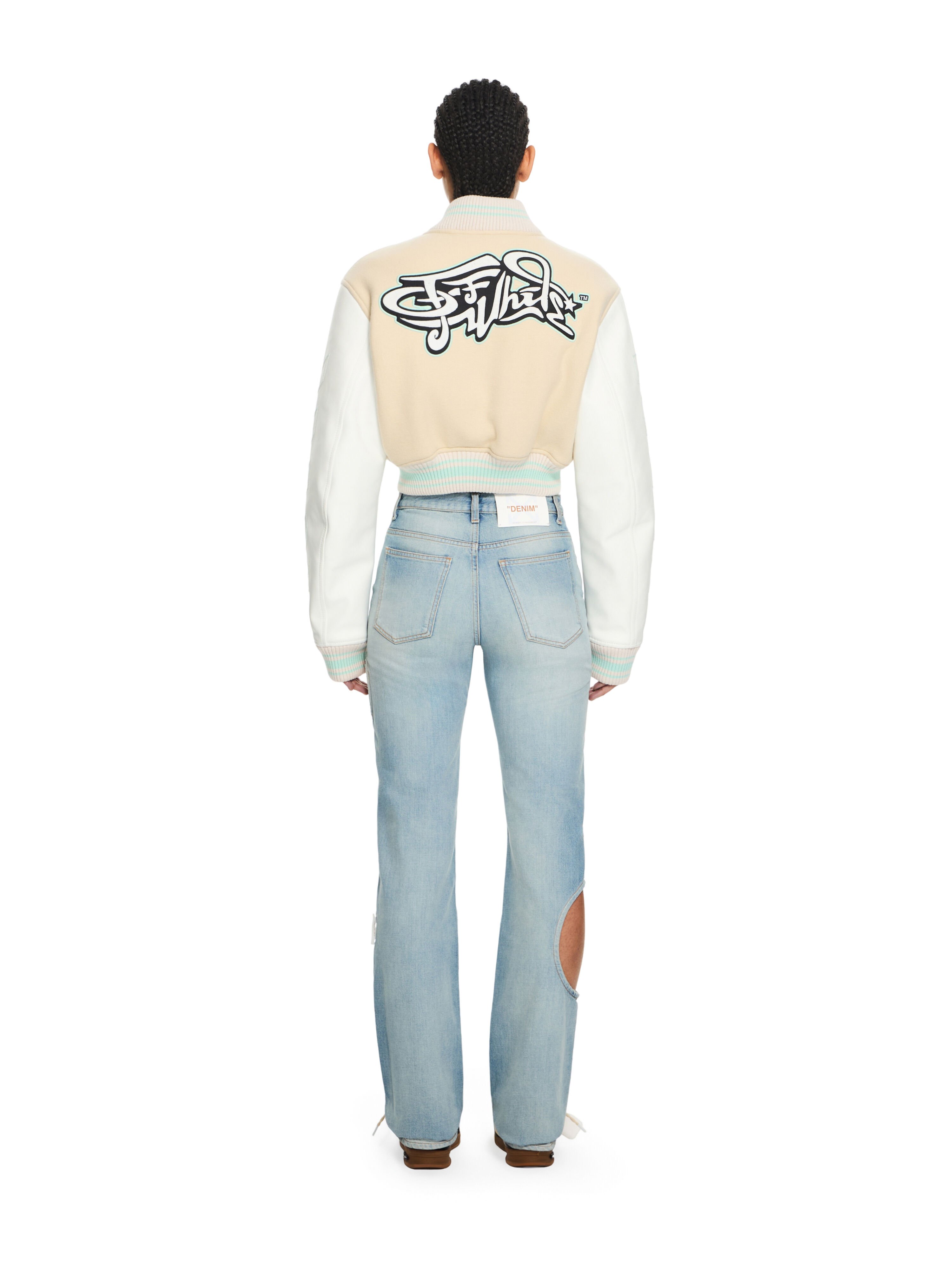 OFF WHITE Graffiti Crop Varsity Jacket White Asparagus-Misty Blue 2EK00MS26FAB001