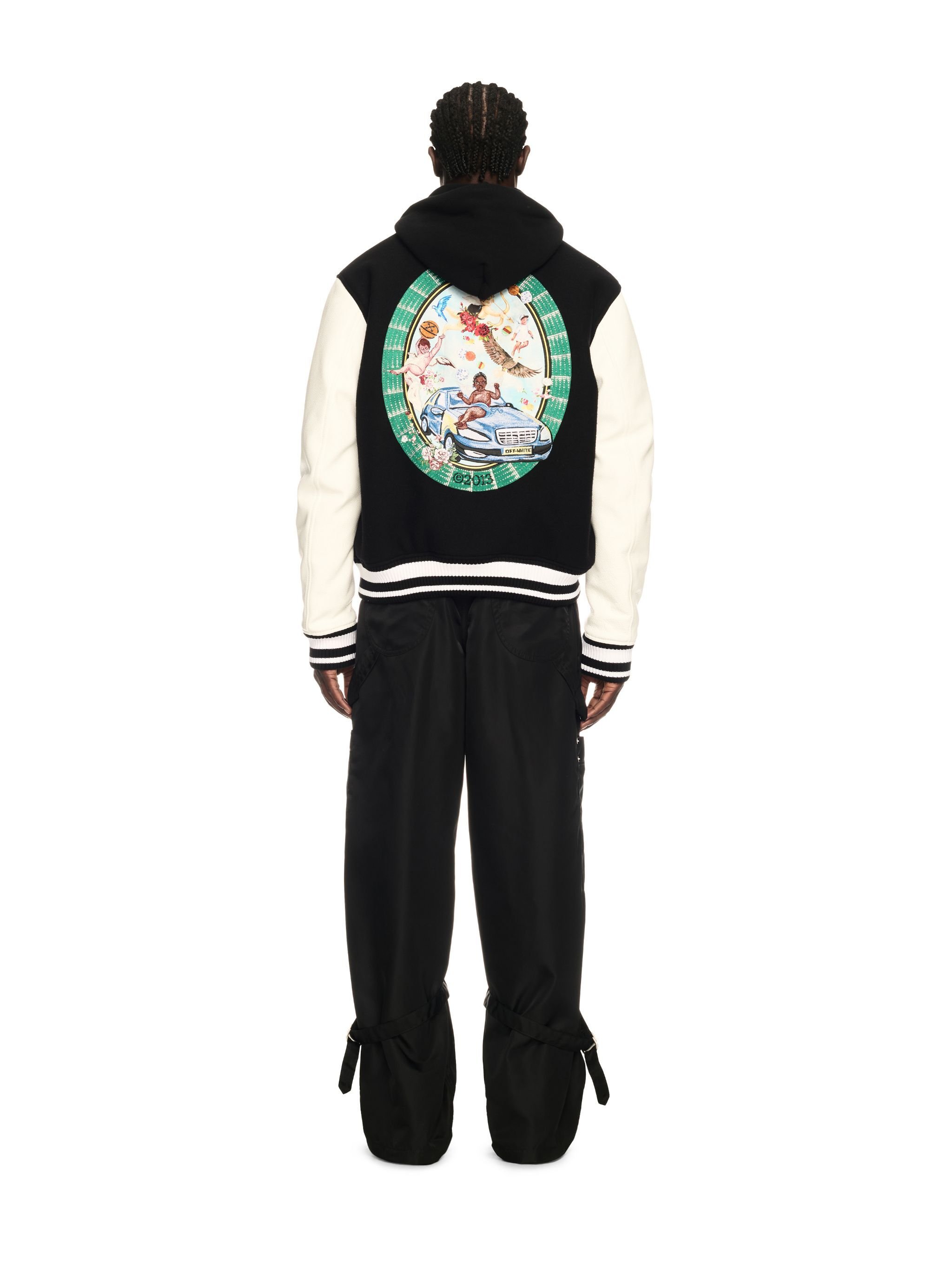 OFF WHITE Fresco Leather/Wool Varsity Jacket BLACK OMJA122S25LEA003