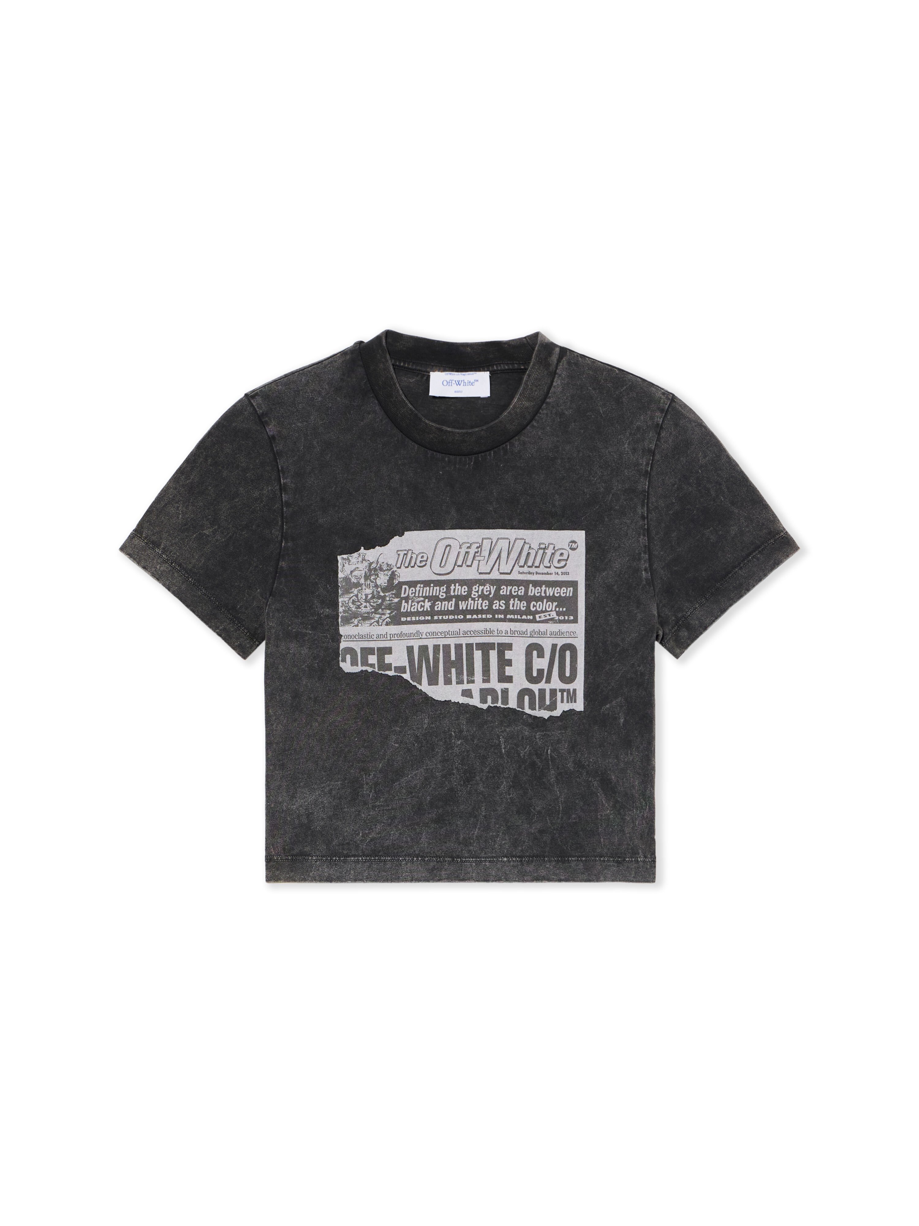 OFF WHITE News Print 90s Crop Logo Tee MARBLE BLACK-BLACK OWAA133F25JER002