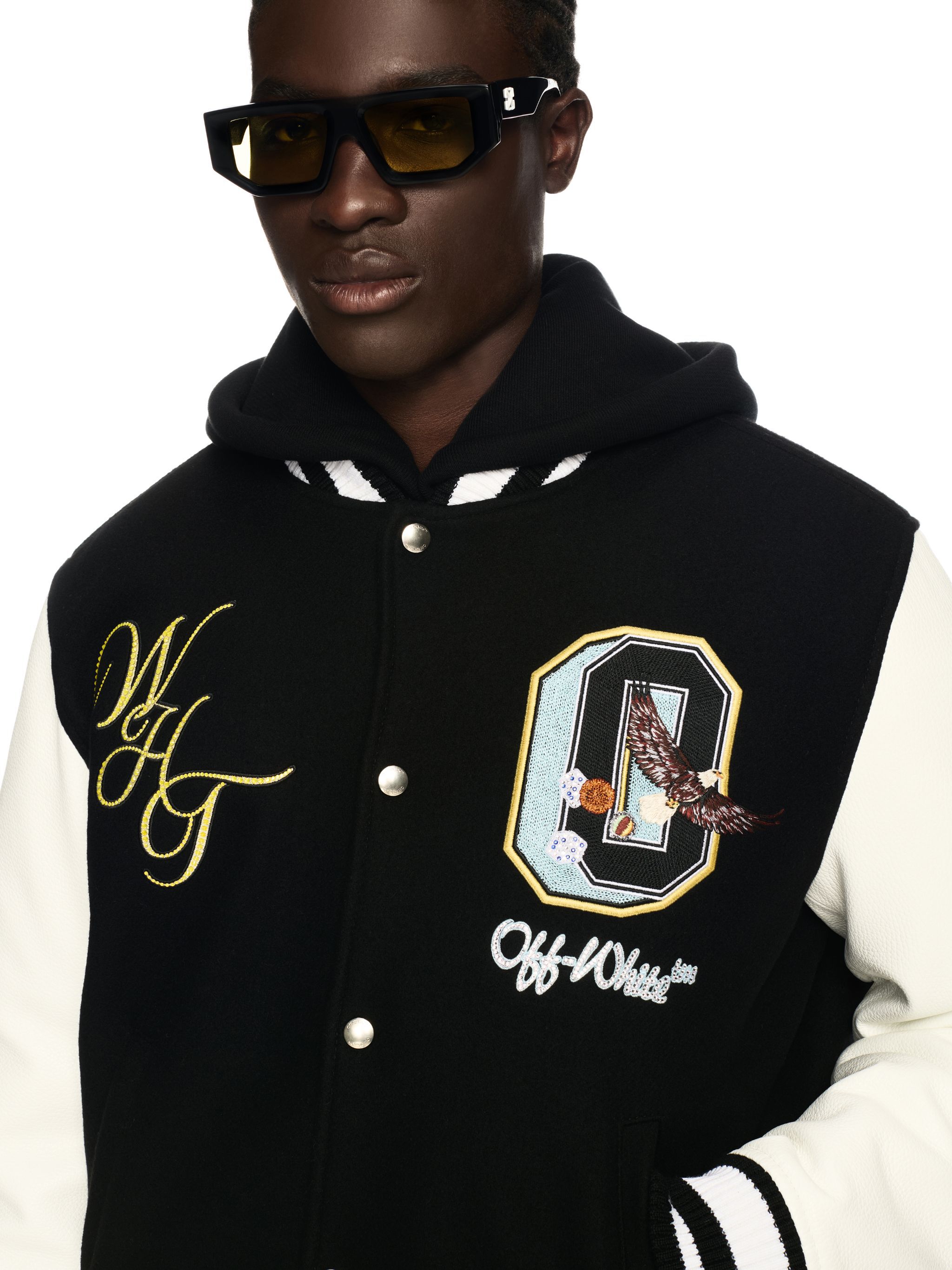 OFF WHITE Fresco Leather/Wool Varsity Jacket BLACK OMJA122S25LEA003