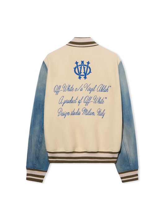 Gothic Wool Denim Varsity Jacket OFF WHITE Gothic Wool Denim Varsity Jacket FROZEN DEW/NAUTICAL BLUE OMEH053F25FAB004