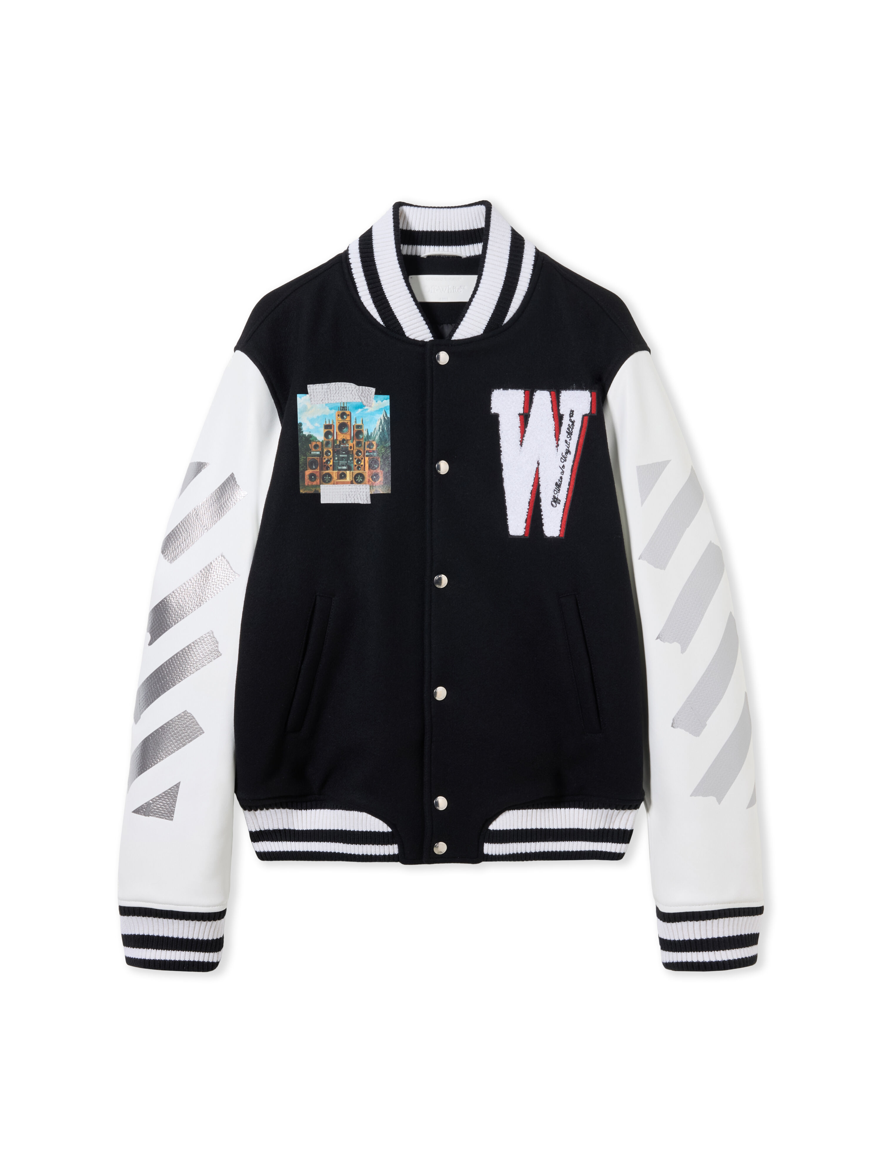 off-white スタジャン Soundsystem Varsity Jacket in BLACK-RED DAHLIA for Men | Off-White™
