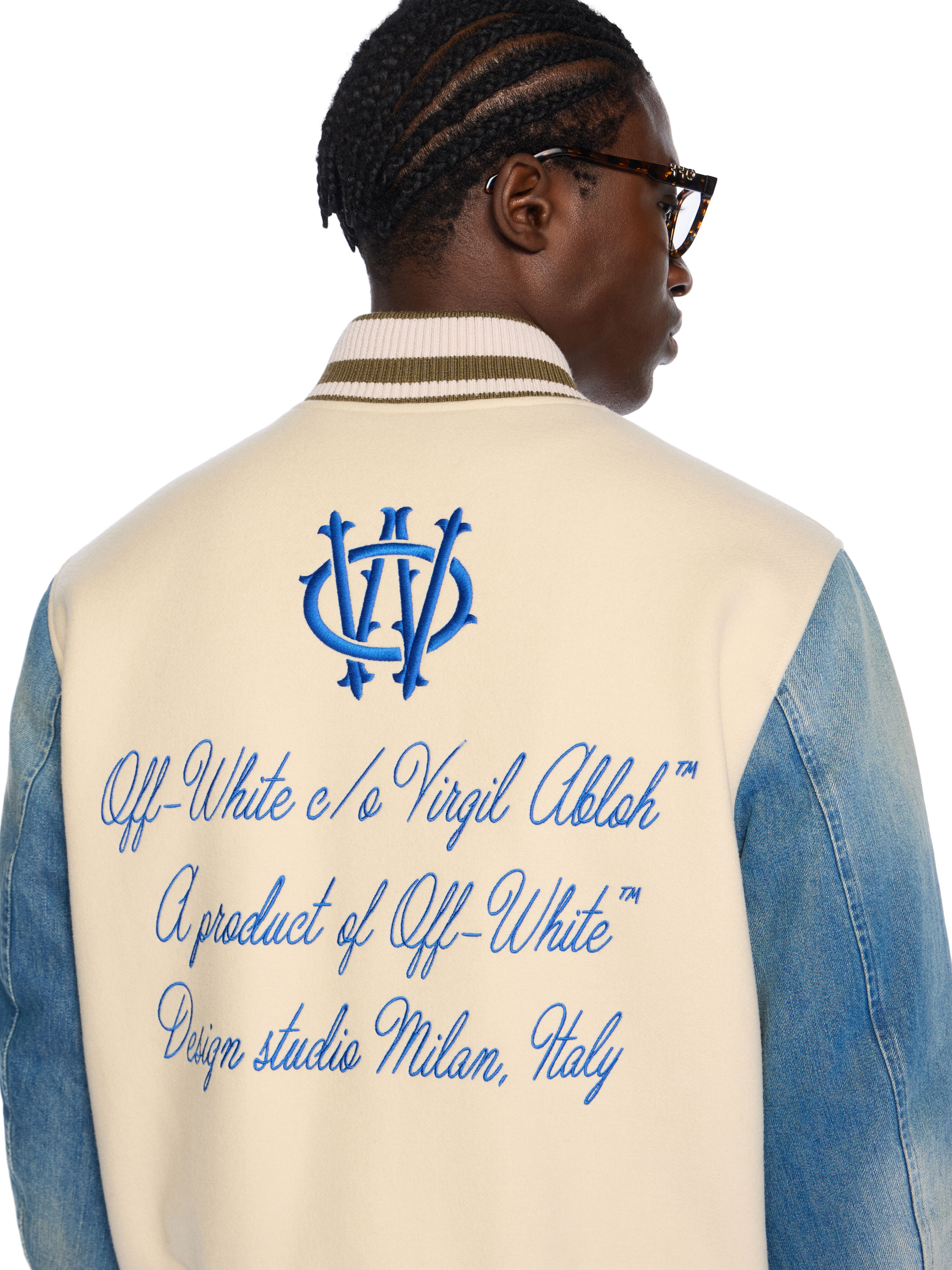 Gothic Wool Denim Varsity Jacket in FROZEN DEW/NAUTICAL BLUE for