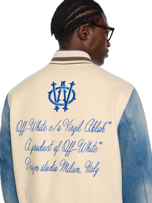 Gothic Wool Denim Varsity Jacket OFF WHITE Gothic Wool Denim Varsity Jacket FROZEN DEW/NAUTICAL BLUE OMEH053F25FAB004