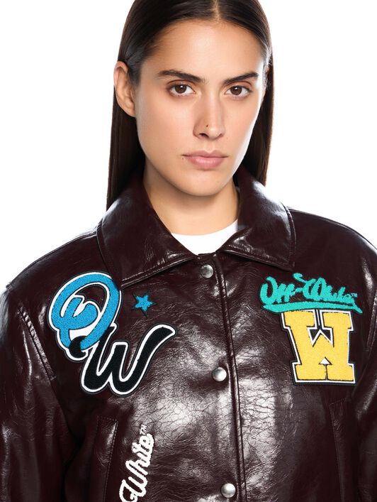 OFF WHITE Crinkled Coated Varsity Jacket CHOCOLATE PLUM-WHITE OWEK00MF25FAB001