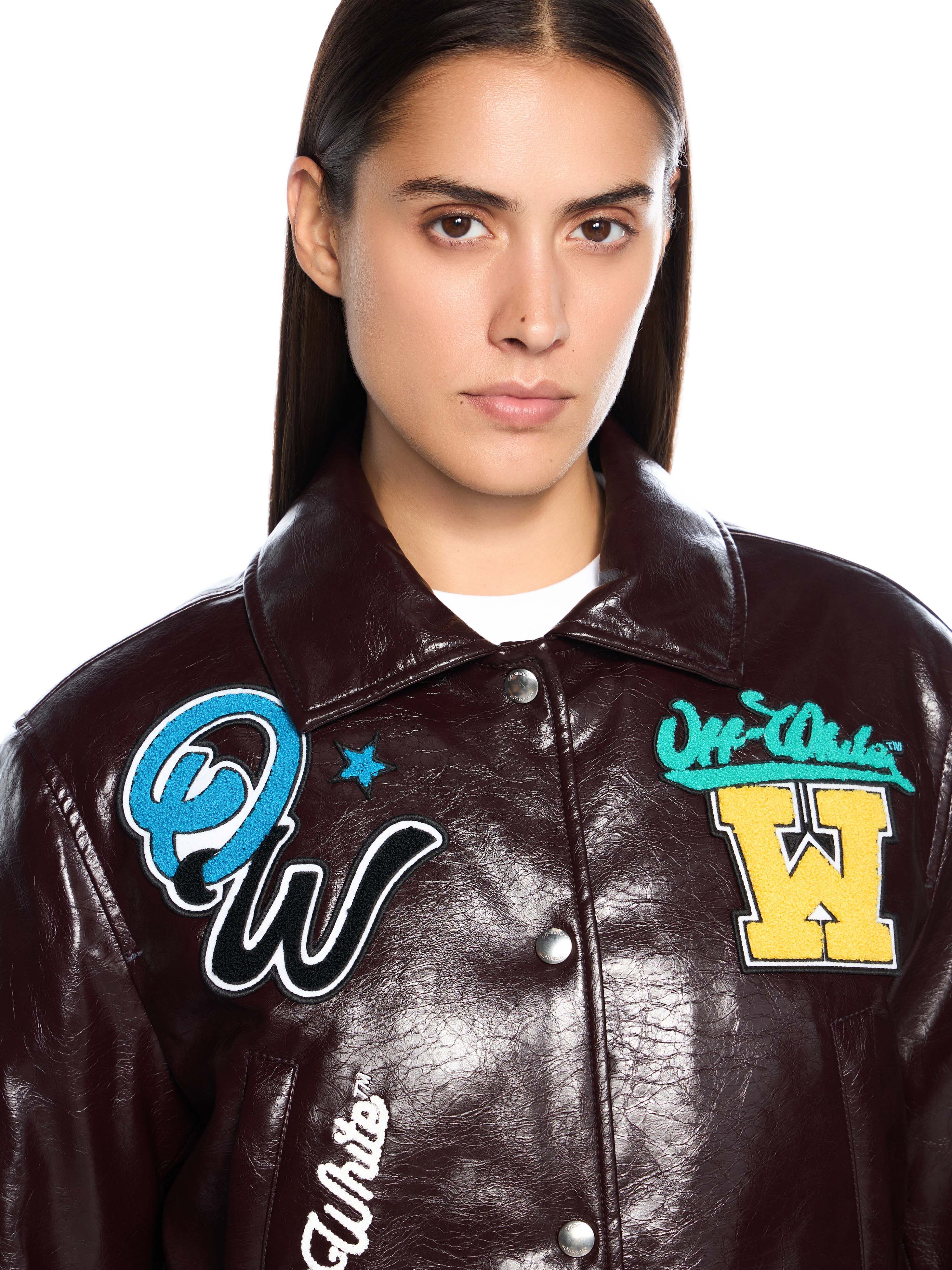 OFF WHITE Crinkled Coated Varsity Jacket CHOCOLATE PLUM-WHITE OWEK00MF25FAB001