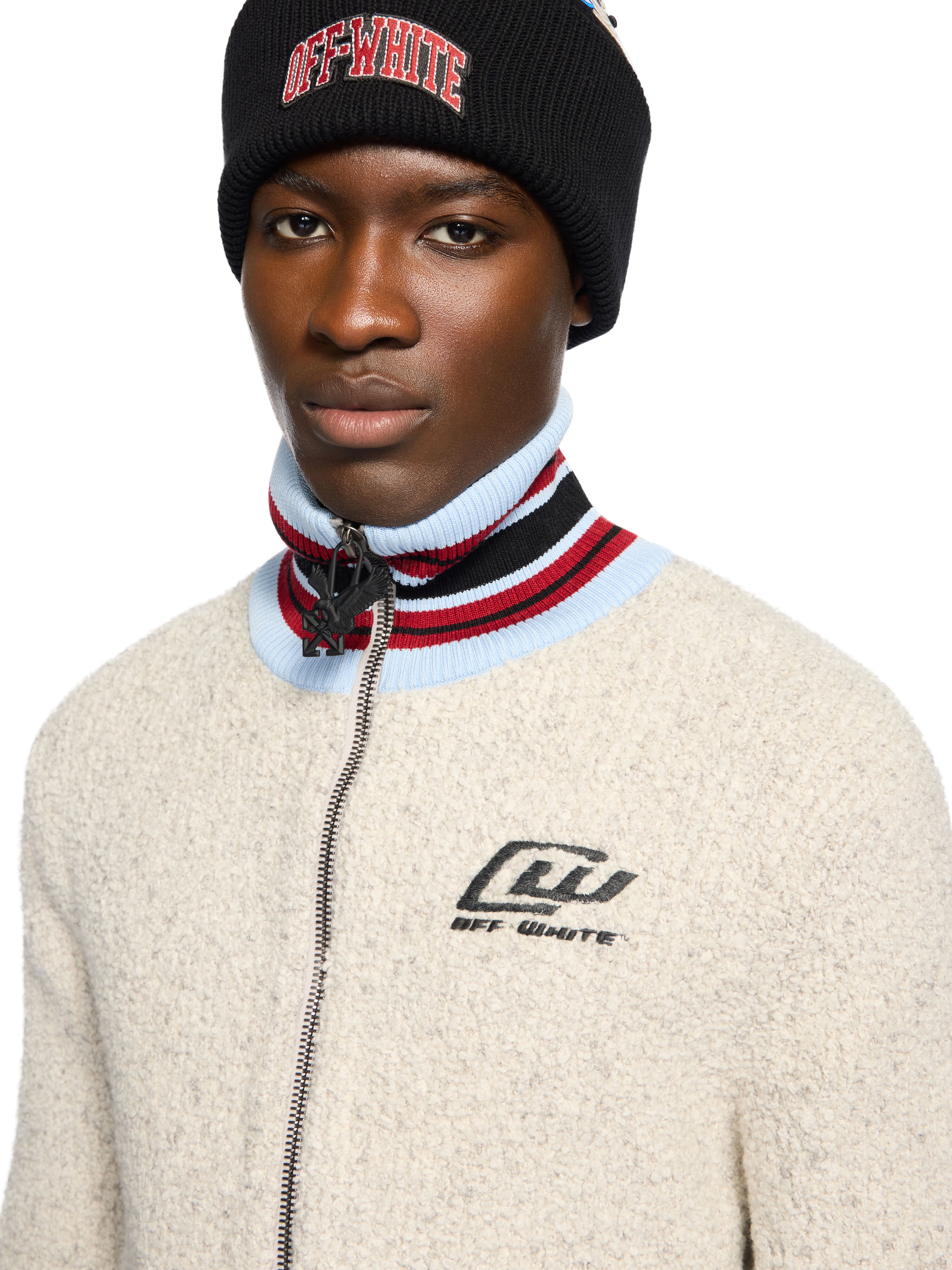 OFF WHITE African Cot Bouclé Zip Cardigan  LIGHT GREY - BLACK OMHY002W25KNI001