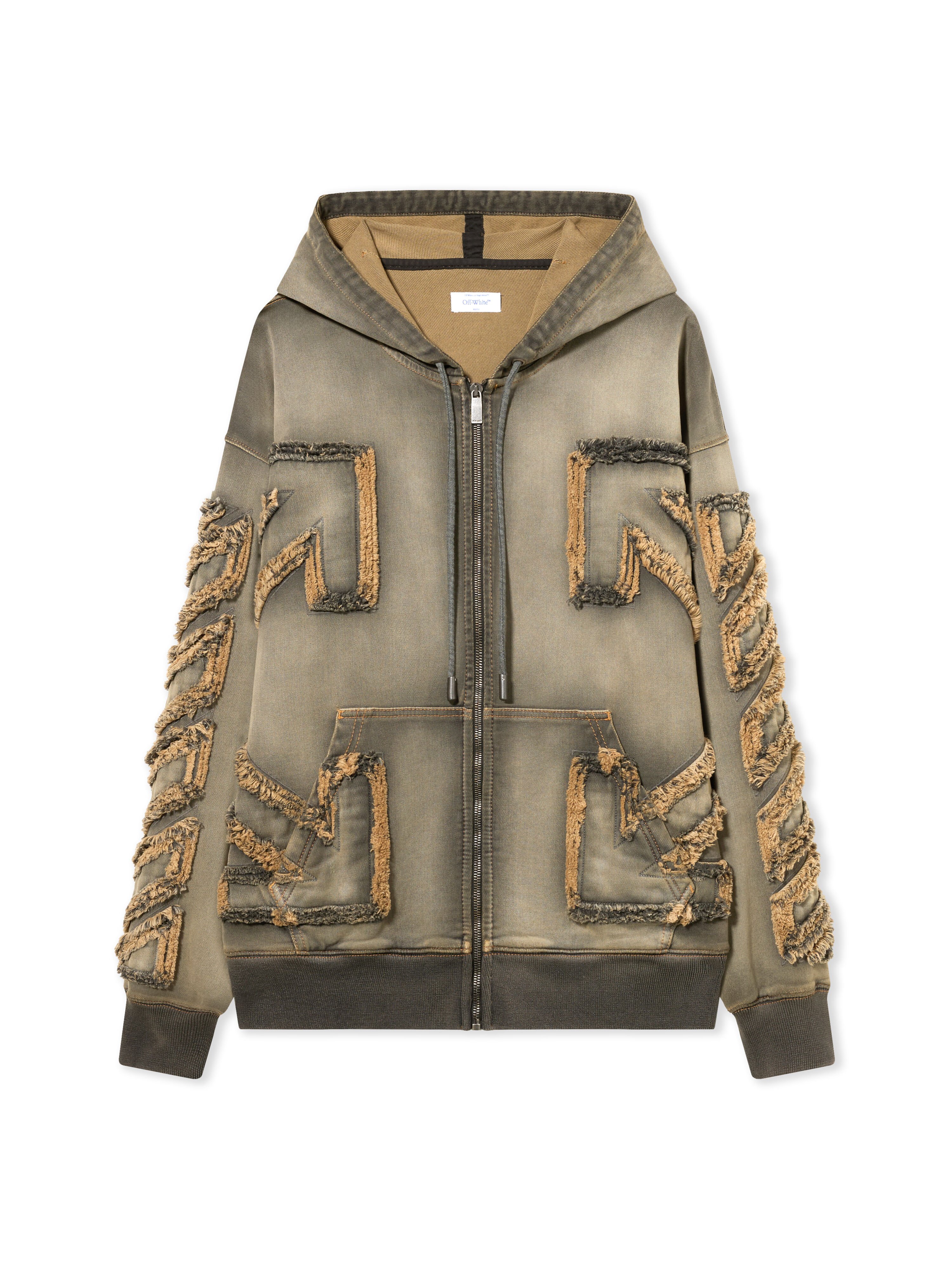 OFF WHITE Distressed Denim Arrow Zip Skate Hoodie LICORICE - LICORICE OMBE015W25DEN001