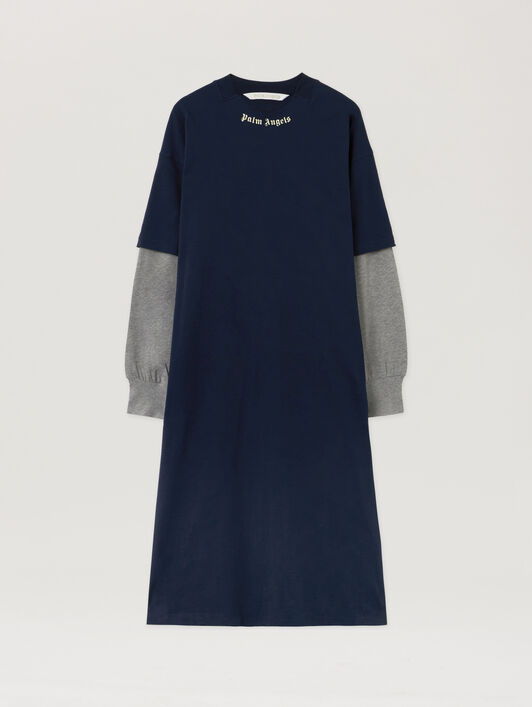 PALM ANGELS Curved Logo Layered Dress DARK BLUE - OFF WHITE PWDE005F25JER001