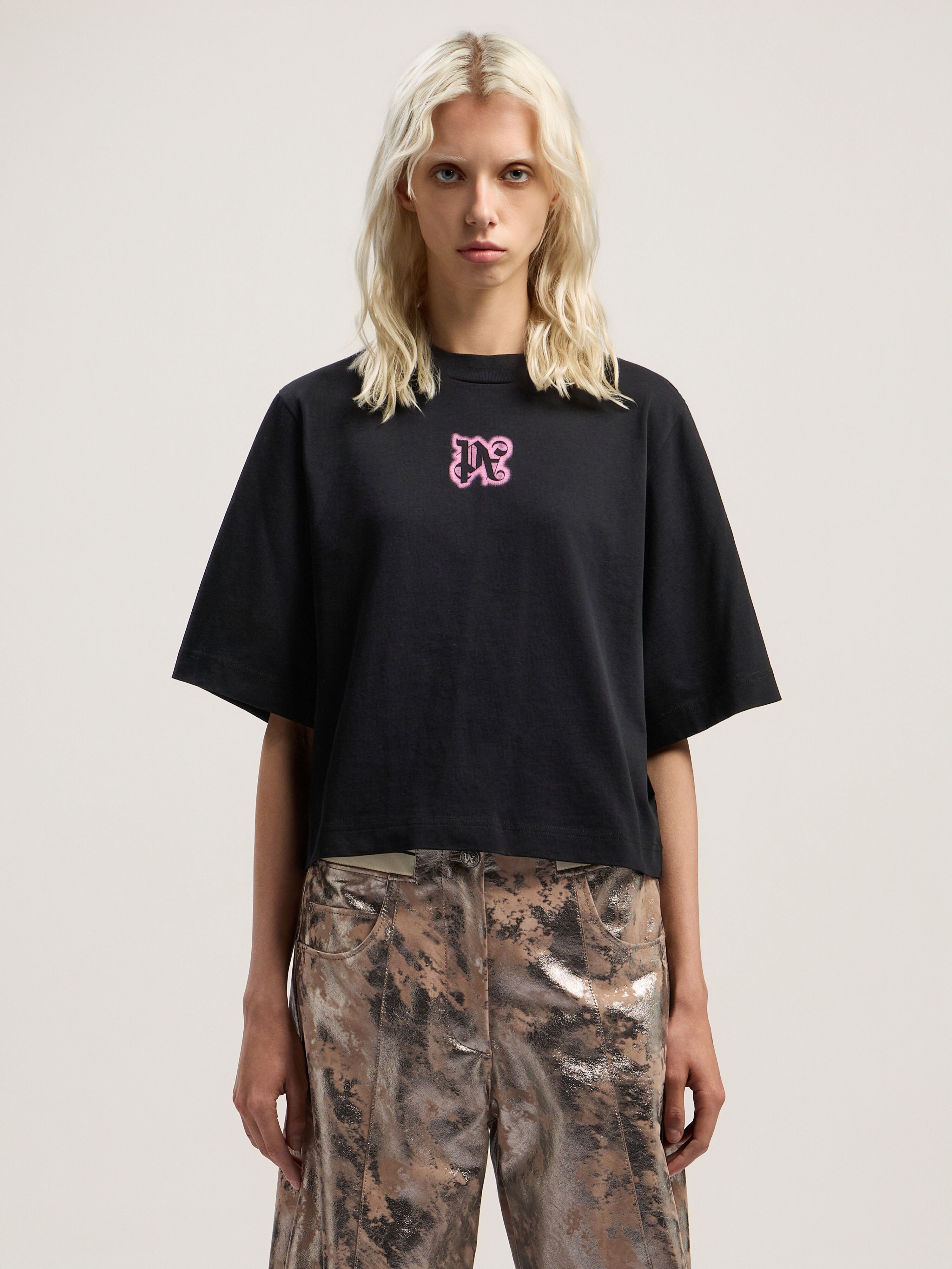 PALM ANGELS Classic Logo Cropped Tee BLACK - PINK PWAA079F25JER003