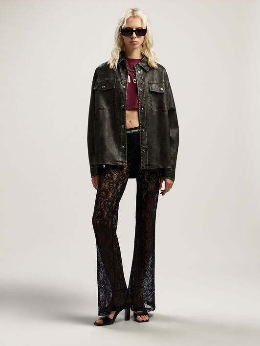 PALM ANGELS Curved Logo Coated Overshirt DARK GREY - BLACK PWJE009F25FAB001