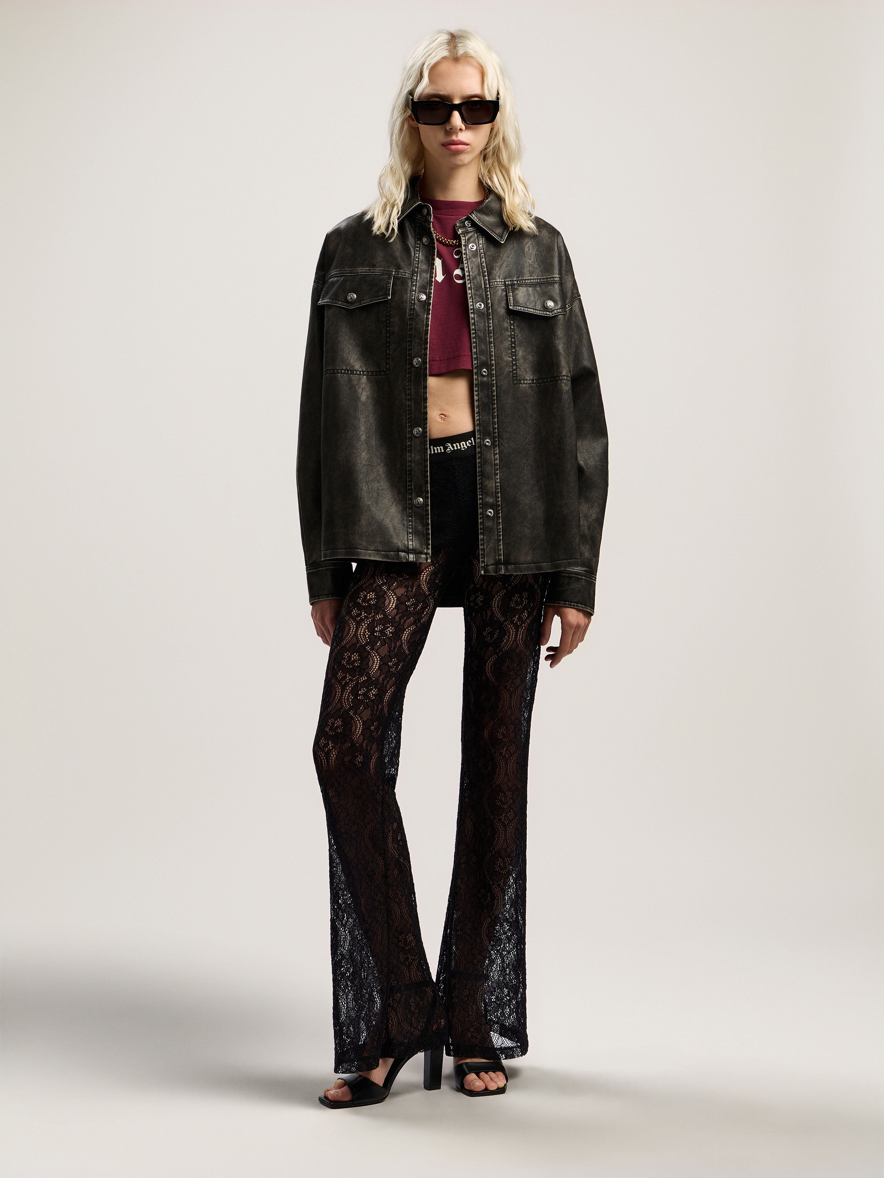 PALM ANGELS Curved Logo Coated Overshirt DARK GREY - BLACK PWJE009F25FAB001