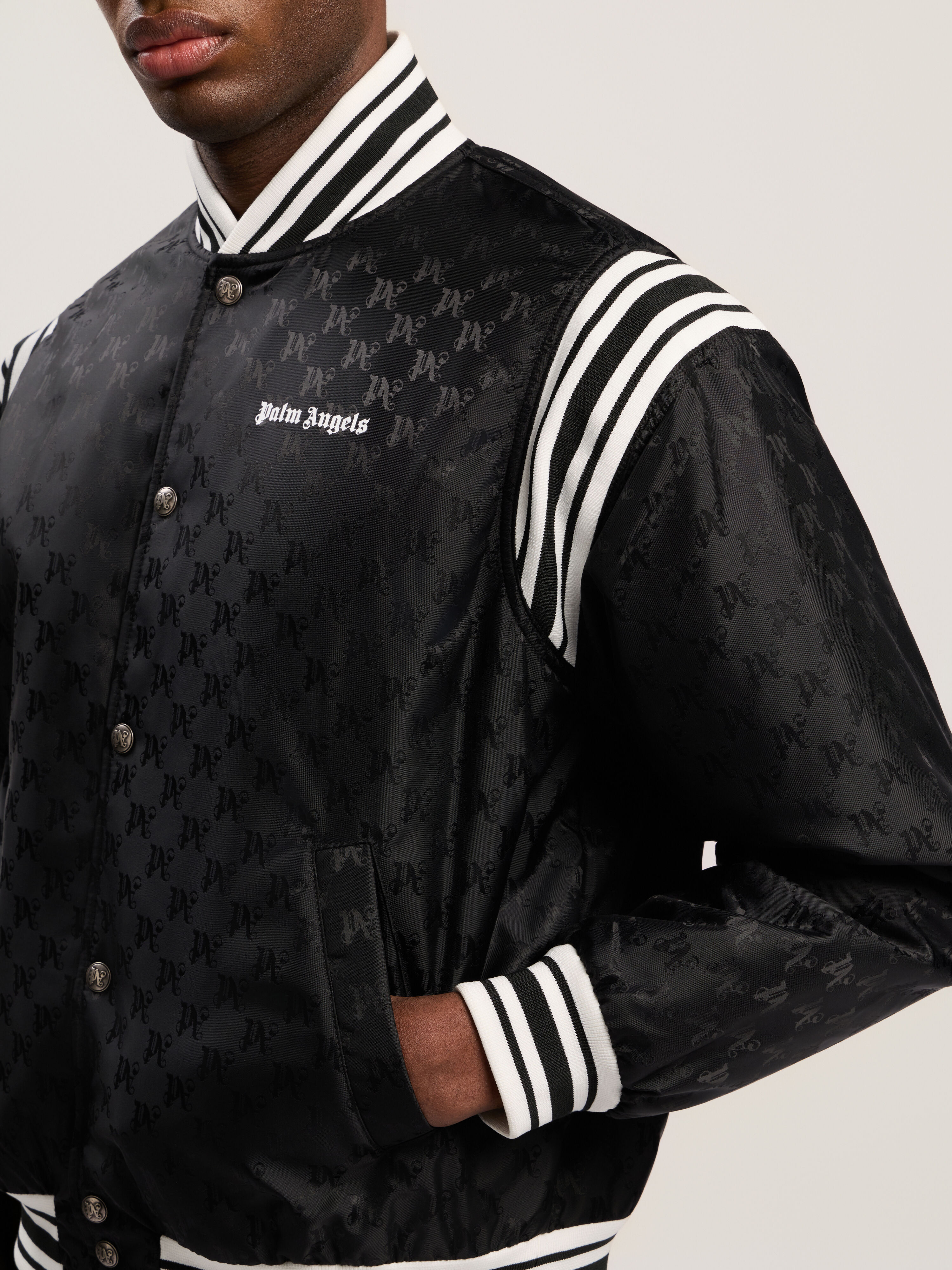 Monogram Jacquard Bomber Jacket PALM ANGELS Monogram Jacquard Bomber Jacket BLACK - OFF WHITE PMEH037F25FAB001